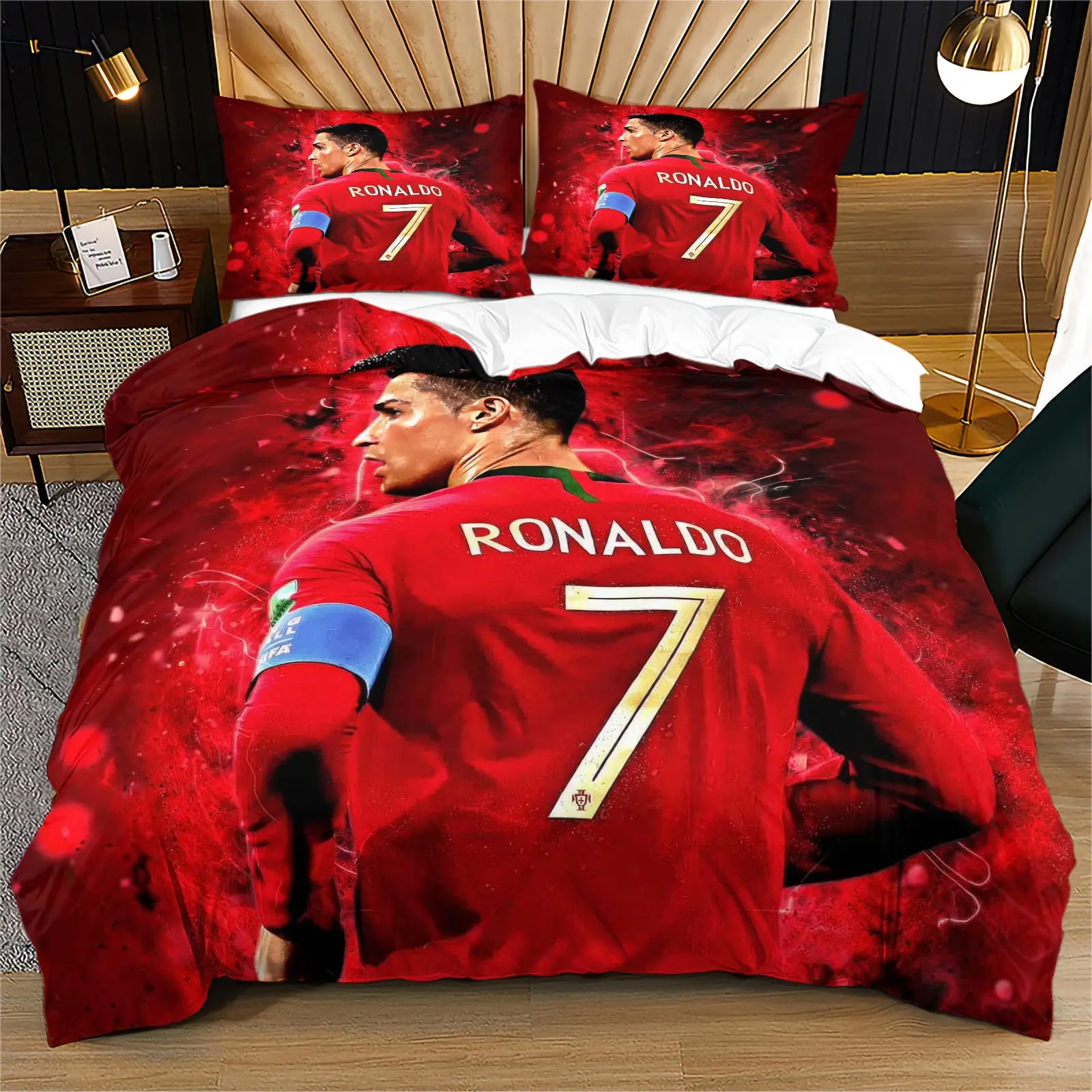 Portugal National Team Ronaldo No.7 Duvet Cover Set, 3pcs Football Bedding, Printed Bedding Set, Soccer Fan Gift, 1 Duvet Cover & 1/2 Pillowcases
