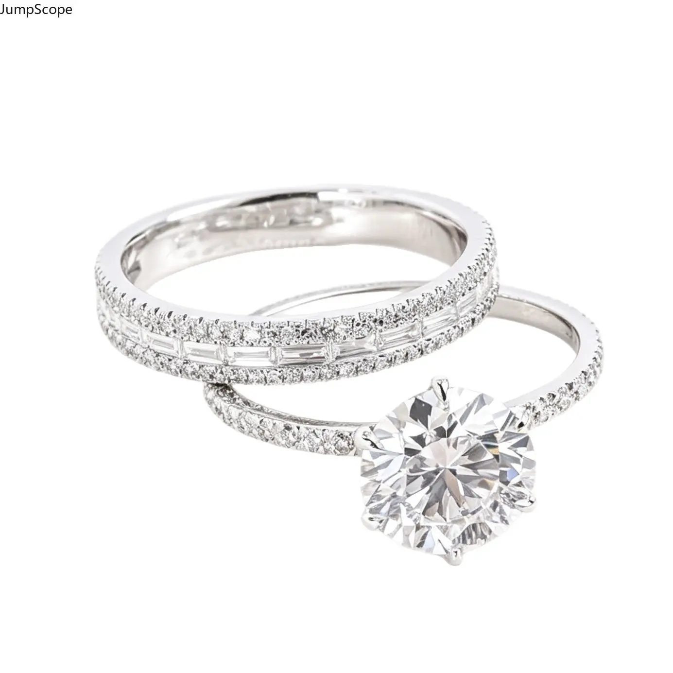 White Gold Plated AAA Round CZ 2Pcs Classic Bridal Ring Set For Women, 4-Prong Dual Micro Pave Baguette Eternity Stackable Engagement Wedding Matching Band For Proposal Wedding Anniversary Formal Wear