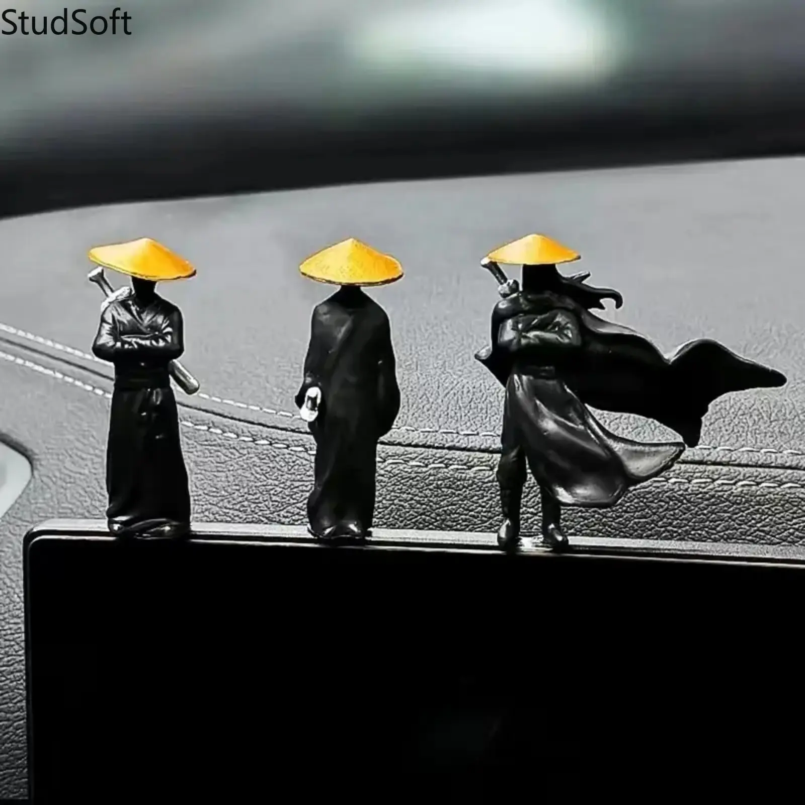 3-Pcs Mini Samurai Statue Set Martial Arts Adventure Themed DIY Car Dashboard Decoration Customizable Action Figure Desk Ornament Auto Accessory Gift