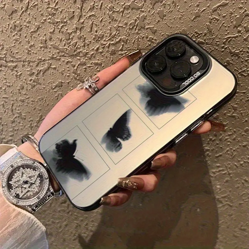 Hazy Smoke Ink Black Butterfly Grid Print Reflective Mirror iPhone Case Full Series Compatible X XS 11 12 13 14 15 16 17, Slim Shock Absorbing Soft TPU Protective Shell Gradient Gray Silver Metallic Mirror Back Anti Drop Anti Fingerprint Muted Dark Elegan