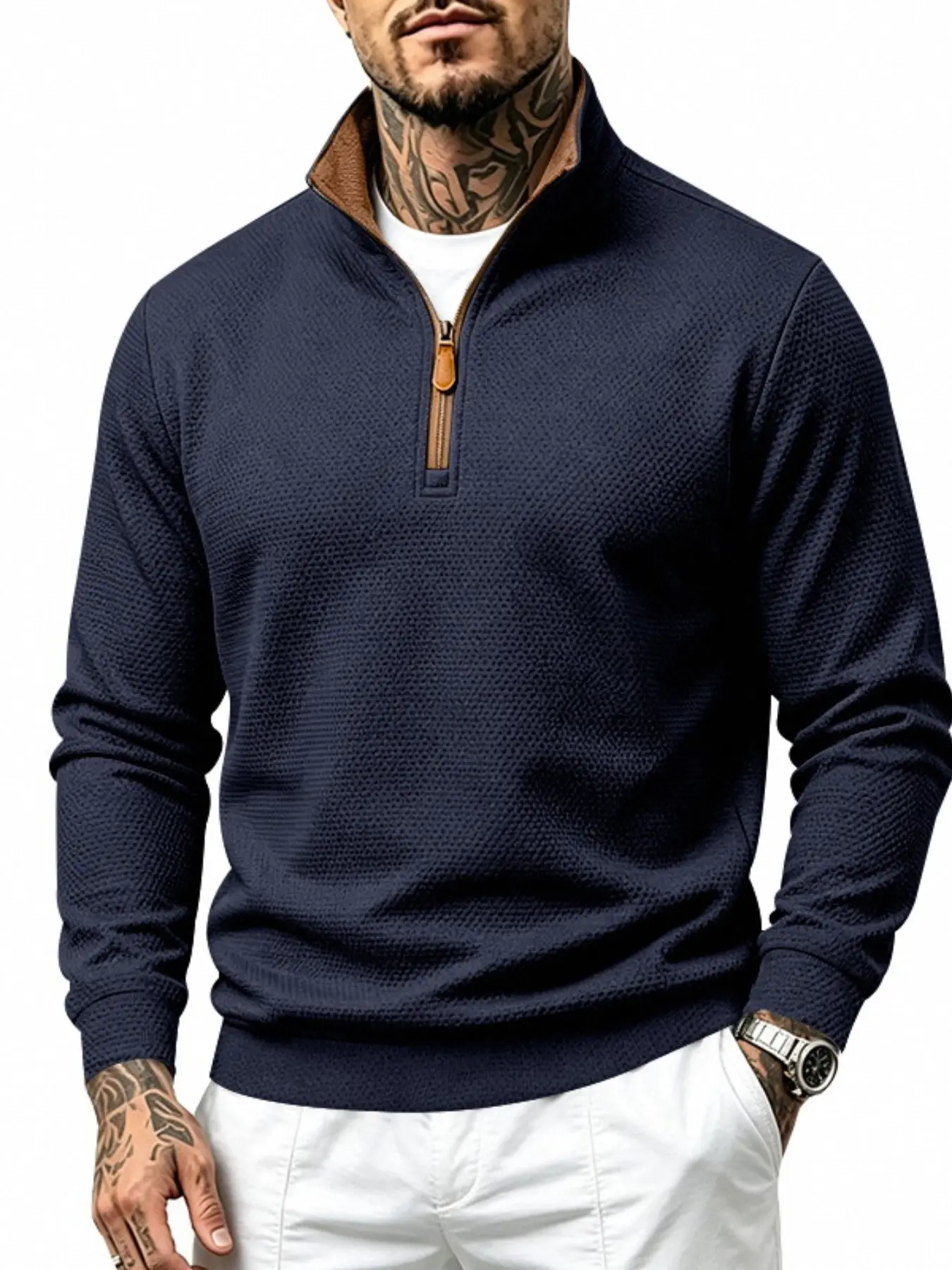 Men's Fleece Lined Waffle Knit Quarter Zip Pullover Sweatshirt, Casual Comfy Pullover, Stand Collar Long Sleeve Top, Warm Soft Fabric For Jogging Hiking Outdoor Sports Autumn Winter Casual Wear