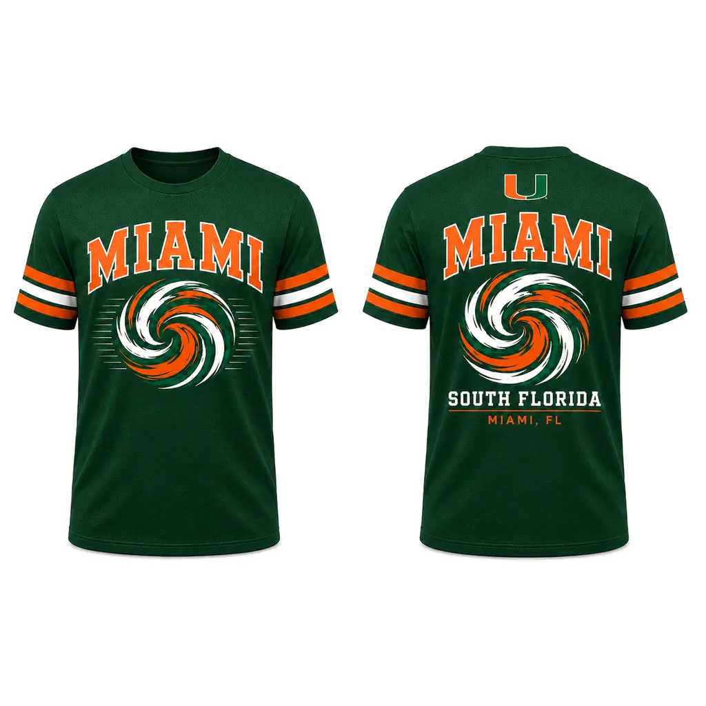 Miami Green Football Fan Jersey, Swirl Graphic Crew Neck Sports Top, Front-and-Back Print Football Jerseys
