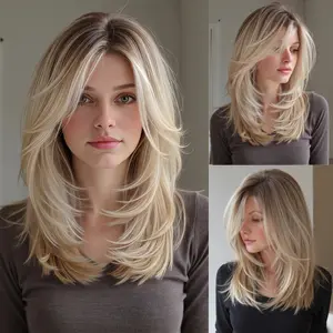 18 Inch Layered Wigs with Curtain Bangs for Women Natural Looking Matte Synthetic Medium Length Hair for Daily Party Cosplay