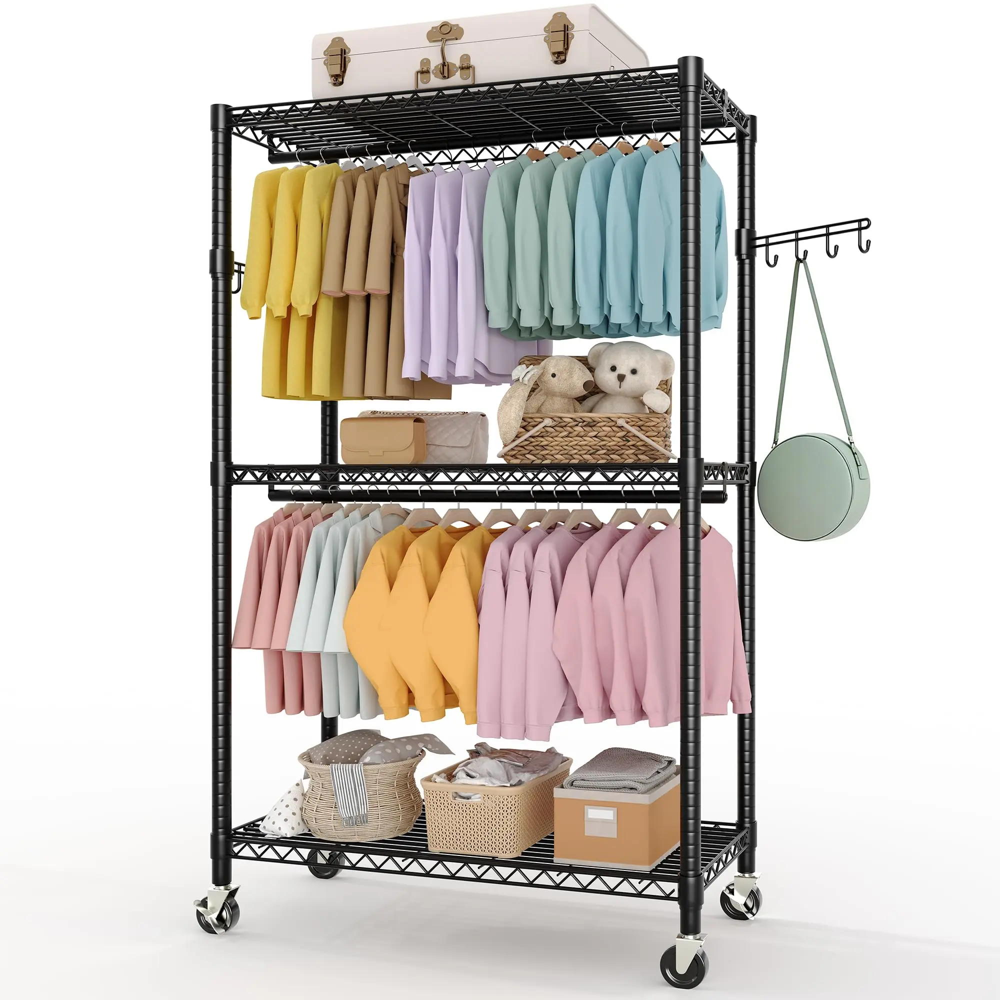 Heavy Duty Rolling Clothes Rack with 22 mm pipes, 694LBS Metal Garment Rack for Hanging Clothes, Freestanding Clothing Racks with Adjustable Storage Shelves Hanging Rod & Side Hooks