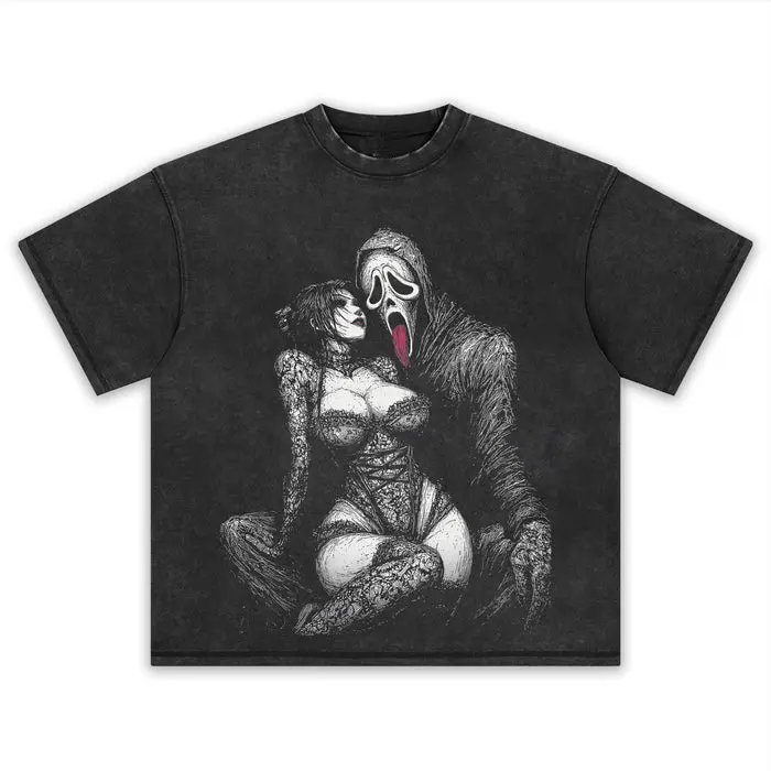 Dark Gothic Horror Street Culture Streetwear Vintage Washed Retro Distressed Dark Faded Tee, Dual Character Ghost Mask Monster & Lace Corset Lady Black White Sketch No Text Graphic Layout Design Unisex Crew Neck T-Shirt
