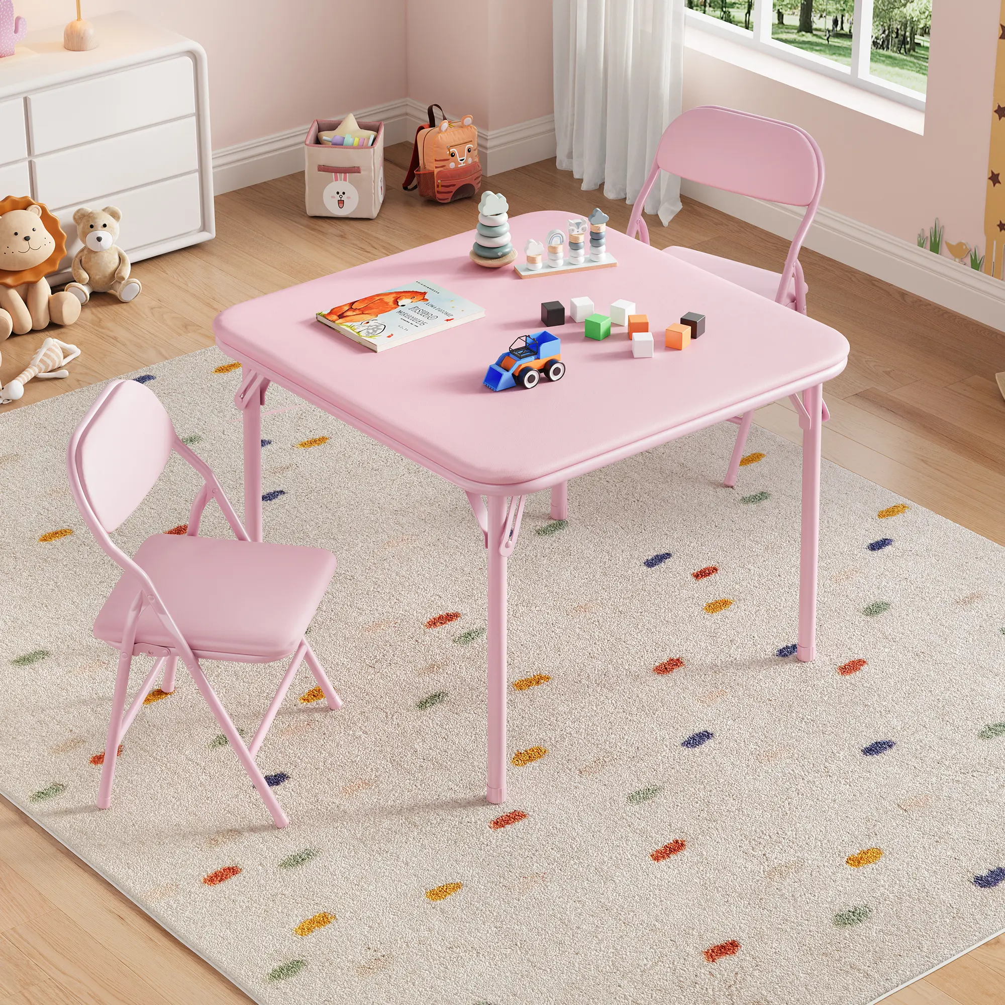 3 Piece | 5 Piece Portable Folding Kids Table and Chairs Set for Eating,Reading and Playing, Boys Girls Children Activity Table and Chairs Set for Dining Room Daycare Classrooms