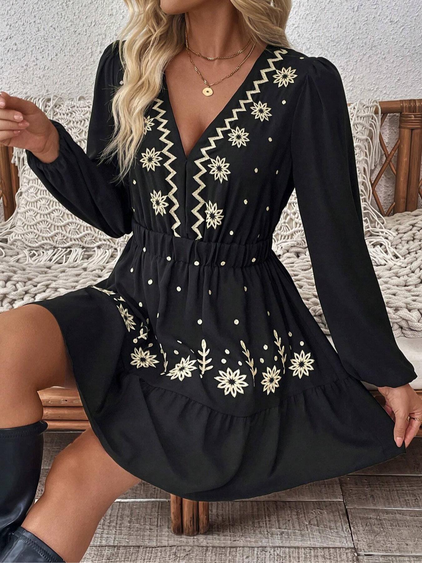 Women's Embroidered Deep V Neck Hollow Out Long Sleeve Dress, Bodycon A-Line Skirt, Elegance, Perfect Spring Summer Choice