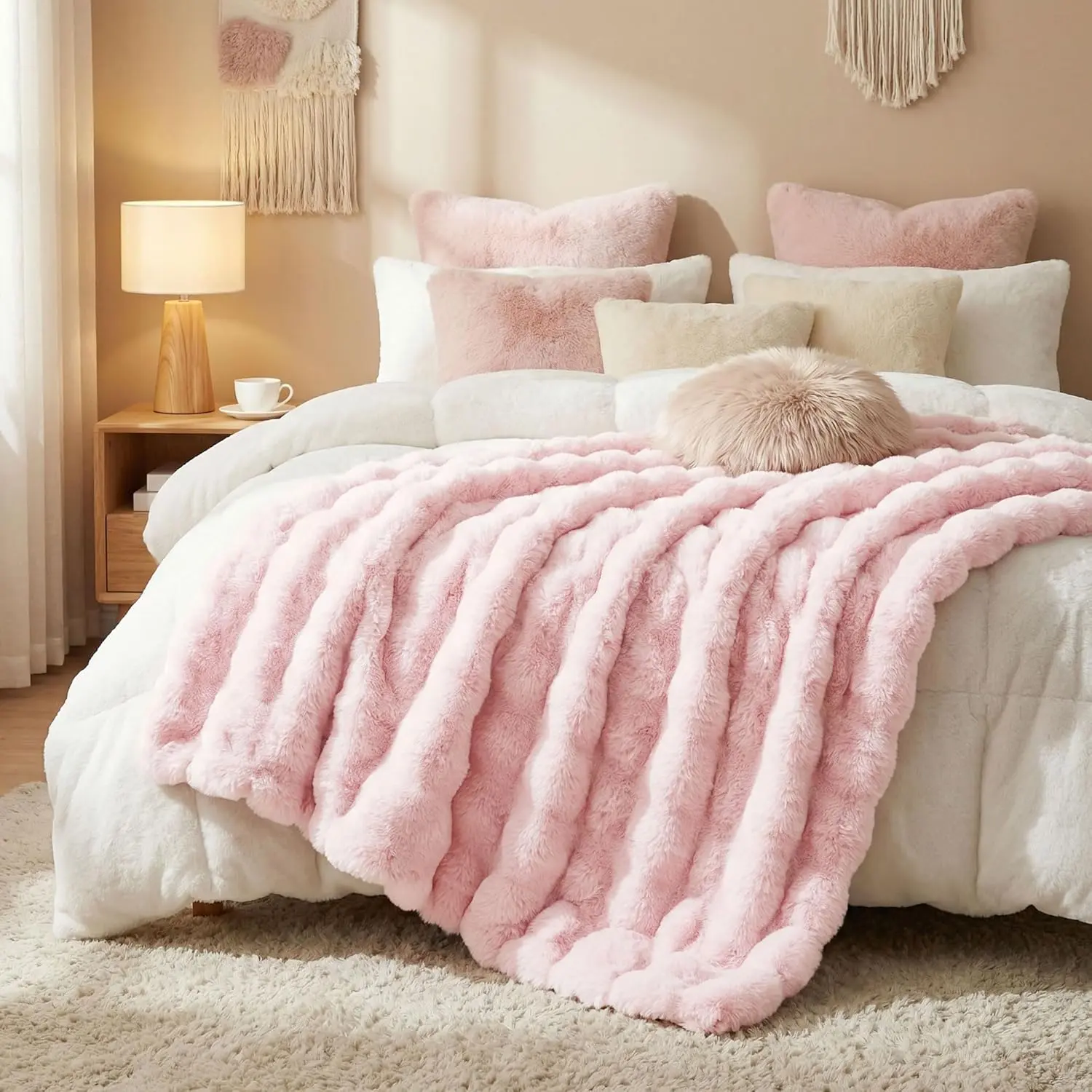 Decorative Soft Fluffy Bubble Faux Rabbit Faux Fur Throw Blanket 50" x 60",Reversible Cozy Accent Thick Warm Furry Blankets for Winter,Lovely Cute Washable Plush Fuzzy Blanket for Women, Pink