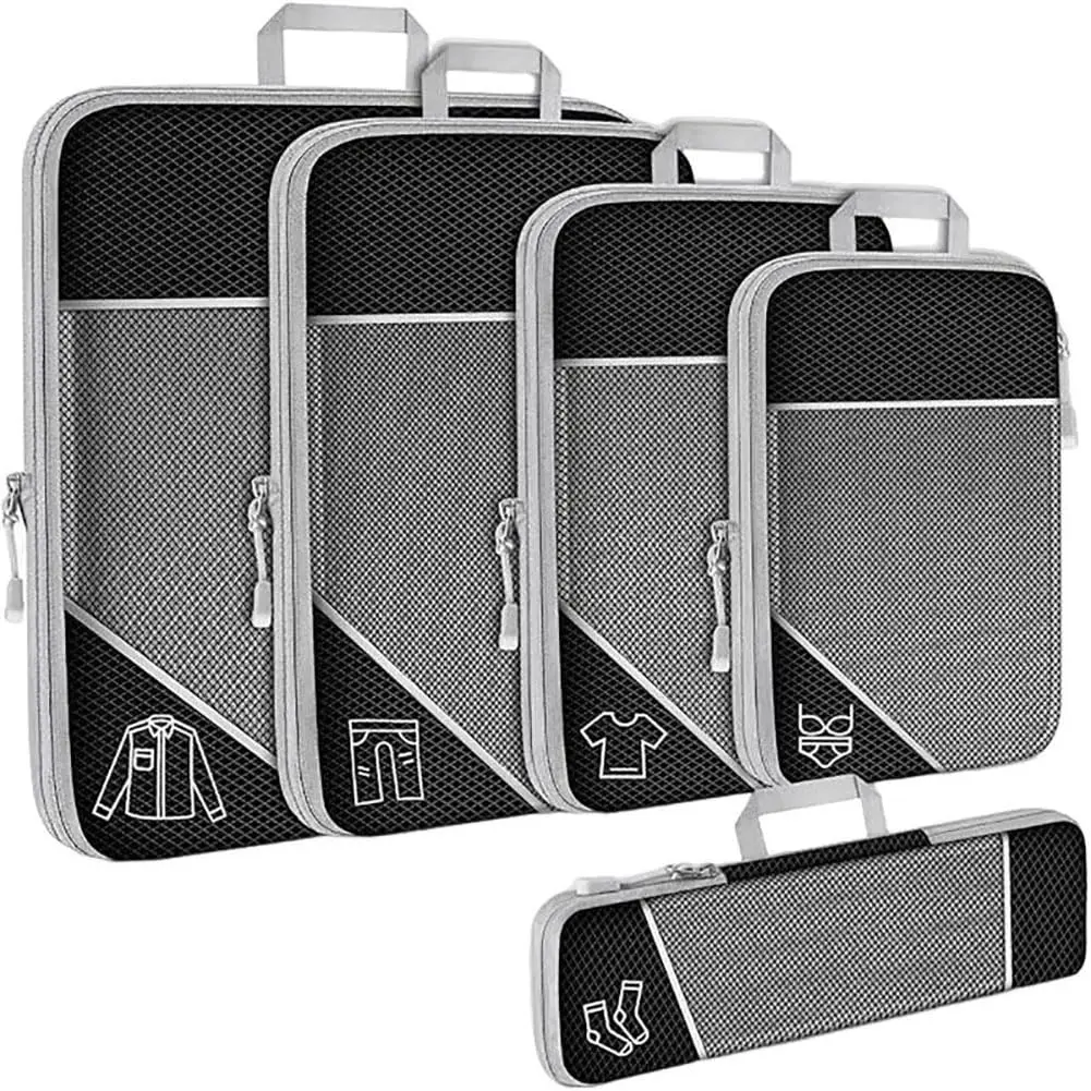 Space-Saving Compression Packing Cubes Set – 5-Piece Expandable Mesh Luggage Organizers with Double Zipper & Handles – Lightweight Travel Storage Bags for Suitcase & Carry-On – Ideal for Men & Women
