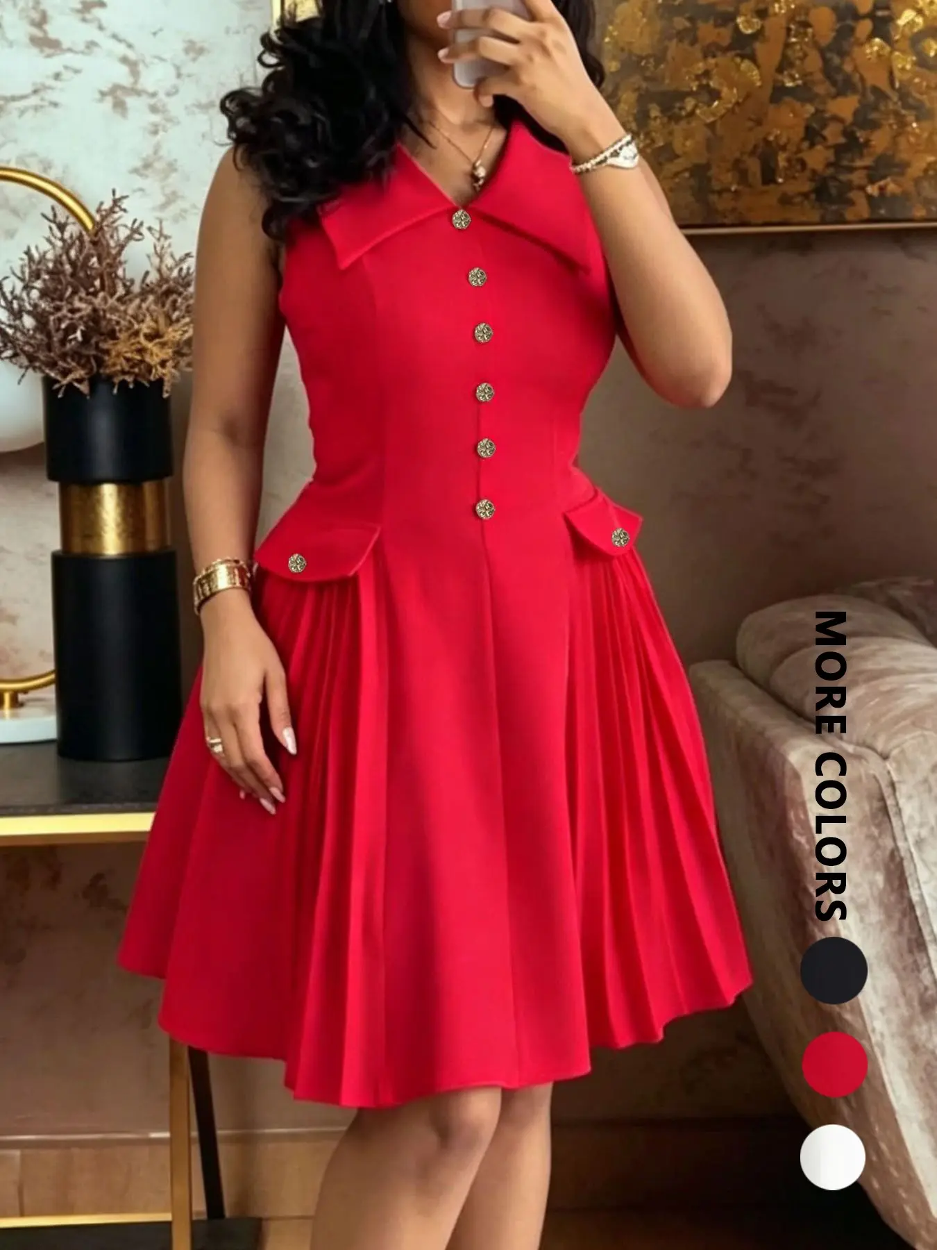Summer New Sleeveless Solid Color Fit Dress, Collar Buttonless Sleeveless Pleated A-Line Maxi Dress, Casual Office Wear, Date Vacation