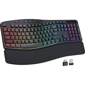 Keyboard, Backlit Keyboard Silent with 15 RGB Lighting Effects, Leather Wrist Rest, 2500mAh Rechargeable, Multimedia , Wave Keyboard for PC  Laptop Windows