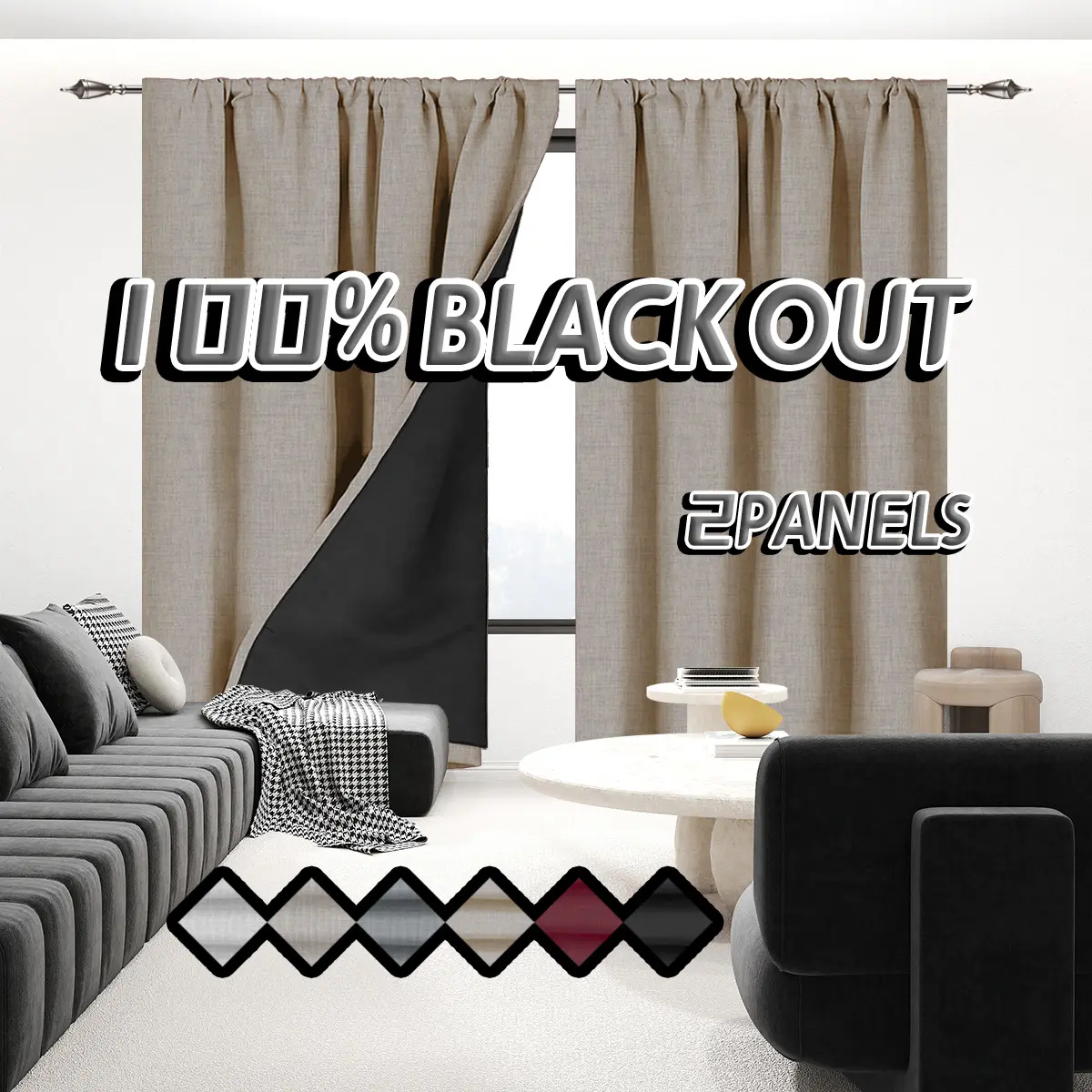 2PCS rainbow linen texture blackout, Thermal Insulated curtains, made of polyester, coated with film insulation, 100% blackout thick imitation linen curtains, hanging through poles, suitable for home decoration