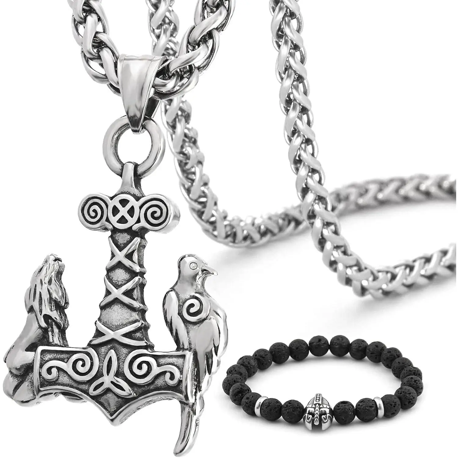 Odin  Raven Thor Hammer  Necklace 4mm Keel Chain Stainless Steel Asatru Pagan  for Men Women