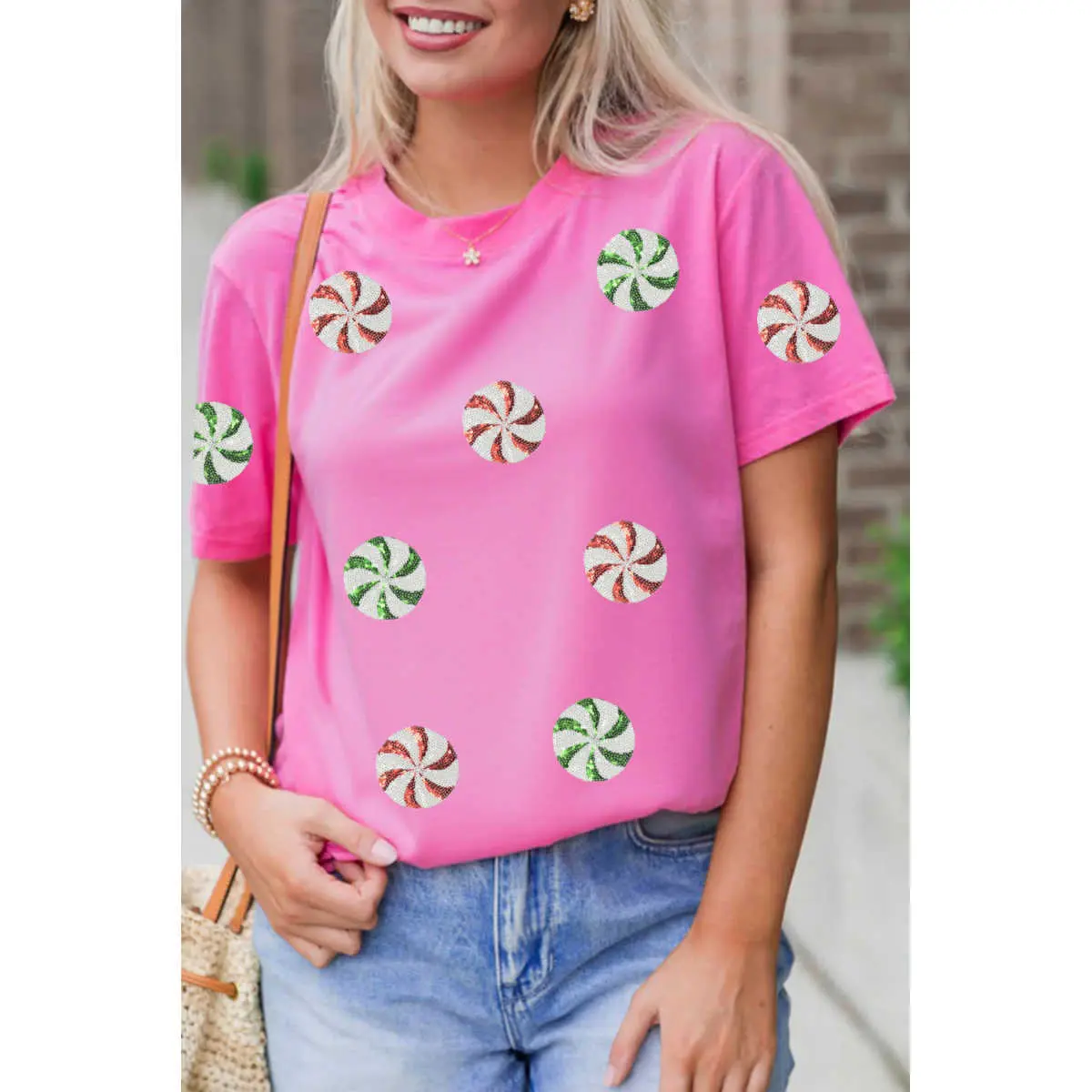 Women's Christmas Peppermint Sequin Geometric T-Shirt - Comfortable Soft Cotton Fabric, Holiday Festive Casual Short-Sleeve Top, Shortsleeve, Tee, Tshirt, Casual Wear, Piece, Graphic Print, Sequin Accents, Cotton Blend, Relaxed Shift