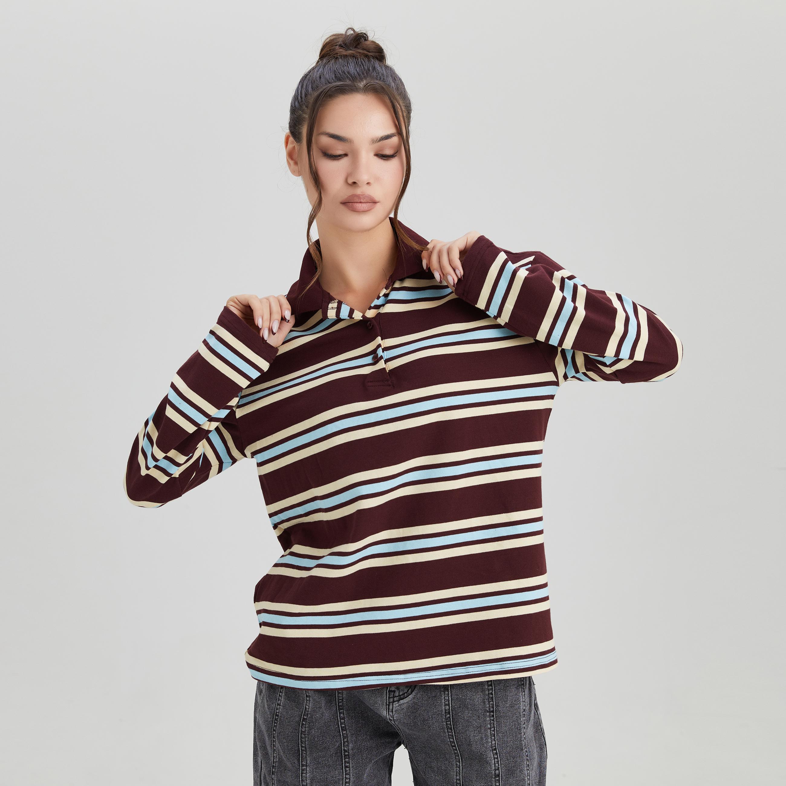 KatchMe Women's Casual Color-Matching Stripe Partial Button Long Sleeve Top, Versatile Striped Cotton Polo Shirt, Comfort Loose Streetwear