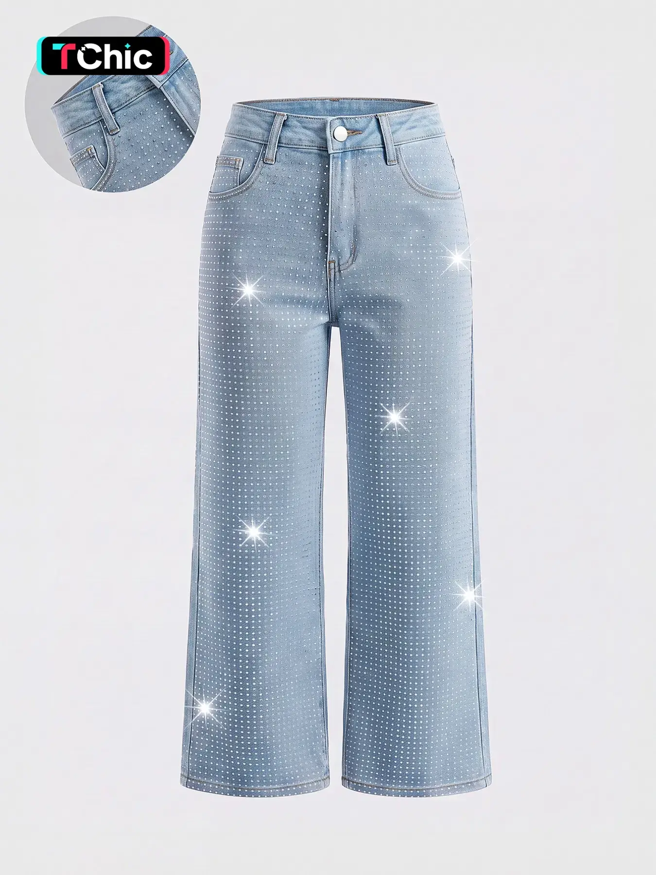 Women's Elegant High-Waisted Wide-Leg Denim Jeans, with Rhinestone Embellished, All-Season Fitted Woven Fabric Fashion Pants, Style, Trouser, Womenswear, Chic, Aesthetics, Bottom