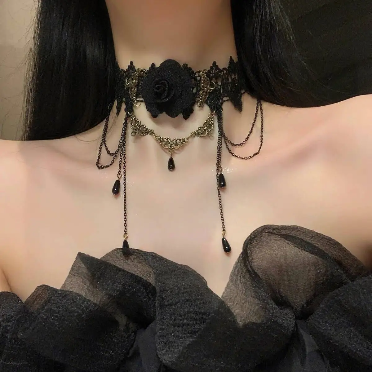 Black Lace Rose Choker Necklace for Women, Gothic Tassel Teardrop Bead Pendant Neck Collar, Dark Style Vintage Floral Neck Jewelry
