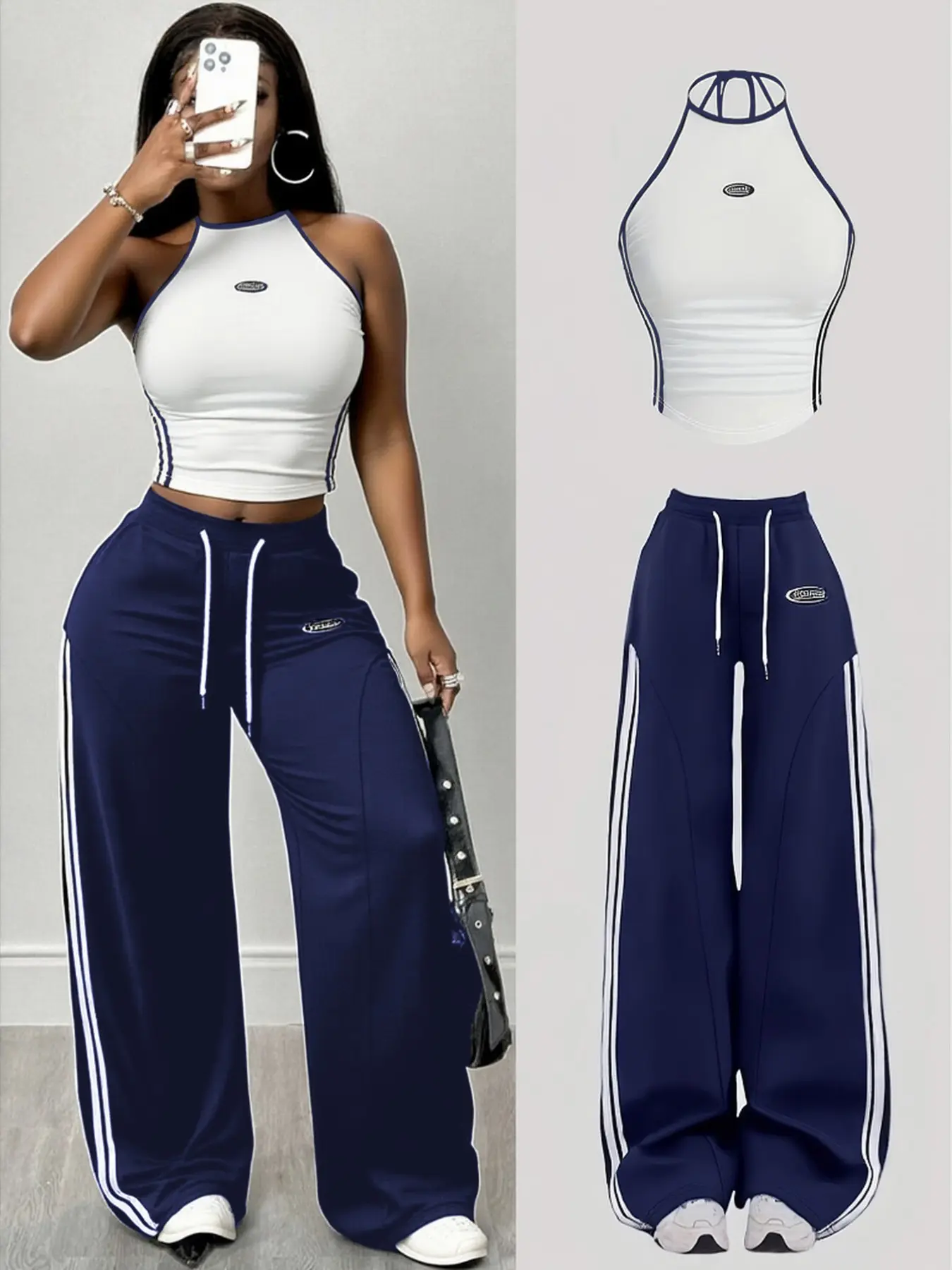 Women's Sleeveless Tight Tank Top + Striped Drawstring Wide Leg Pants Set, Casual Fashion for Fall Winter, Daily Commute & Social Events