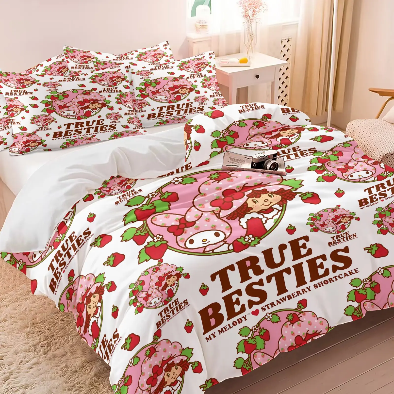 Sweet Strawberry Best Friends Duvet Cover Set, 1 Duvet Cover + 1/2 Pillowcases, No Filling, HD All Season Print, Soft Breathable Bedding, Decorative Duvet Cover, Bed Covers, Cute Pink Cartoon Girls & Strawberry Pattern for Girls Bedroom Decor, Bed Sets