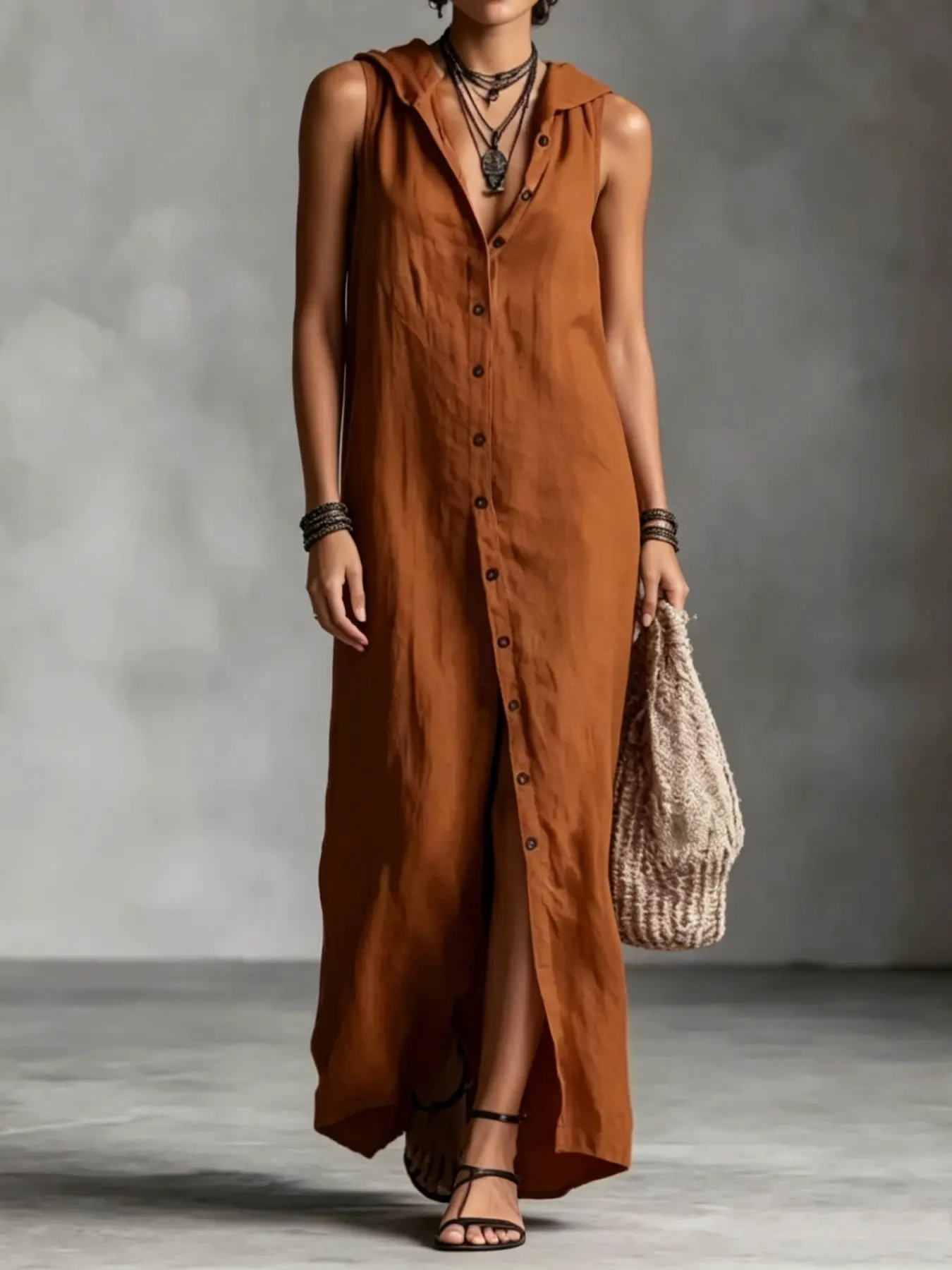 A ladies' elegant style hooded sleeveless long dress with a full open front and single row decorative buckle hanging loose, suitable for summer, beach camping, shopping, afternoon tea dates, urban daily commuting