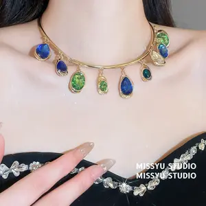 Diamond-encrusted oval water drop necklace French court style collar niche design light luxury necklace