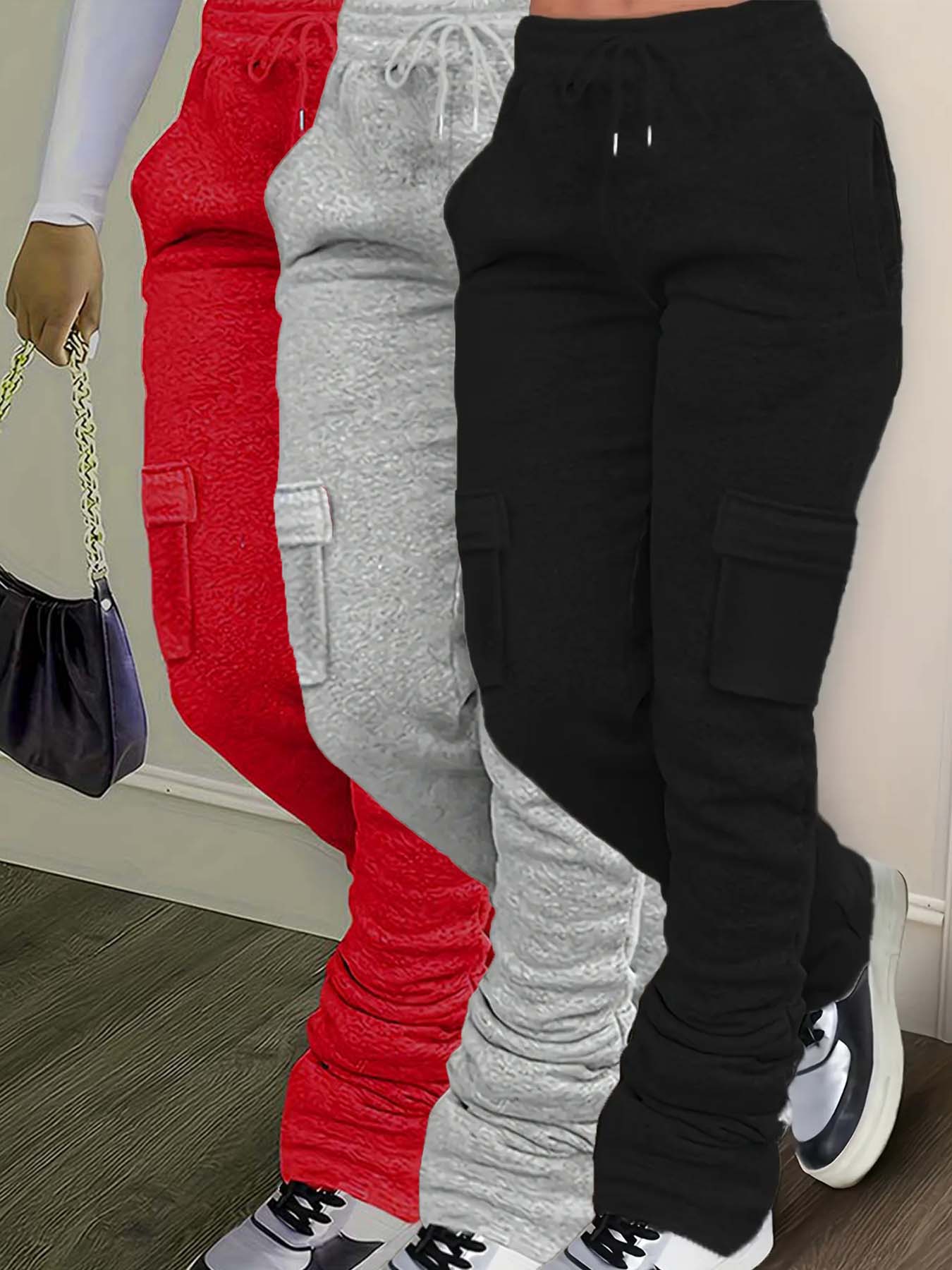 Women's Solid Drawstring Elastic Waist Sweatpants, Casual Pocket Design Jogger Pants for Daily Wear, Ladies Bottoms for All Seasons, Active Wear, Athletic Pants for Women, Leg Joggers, Sports Pants, Tapered Sweatpants