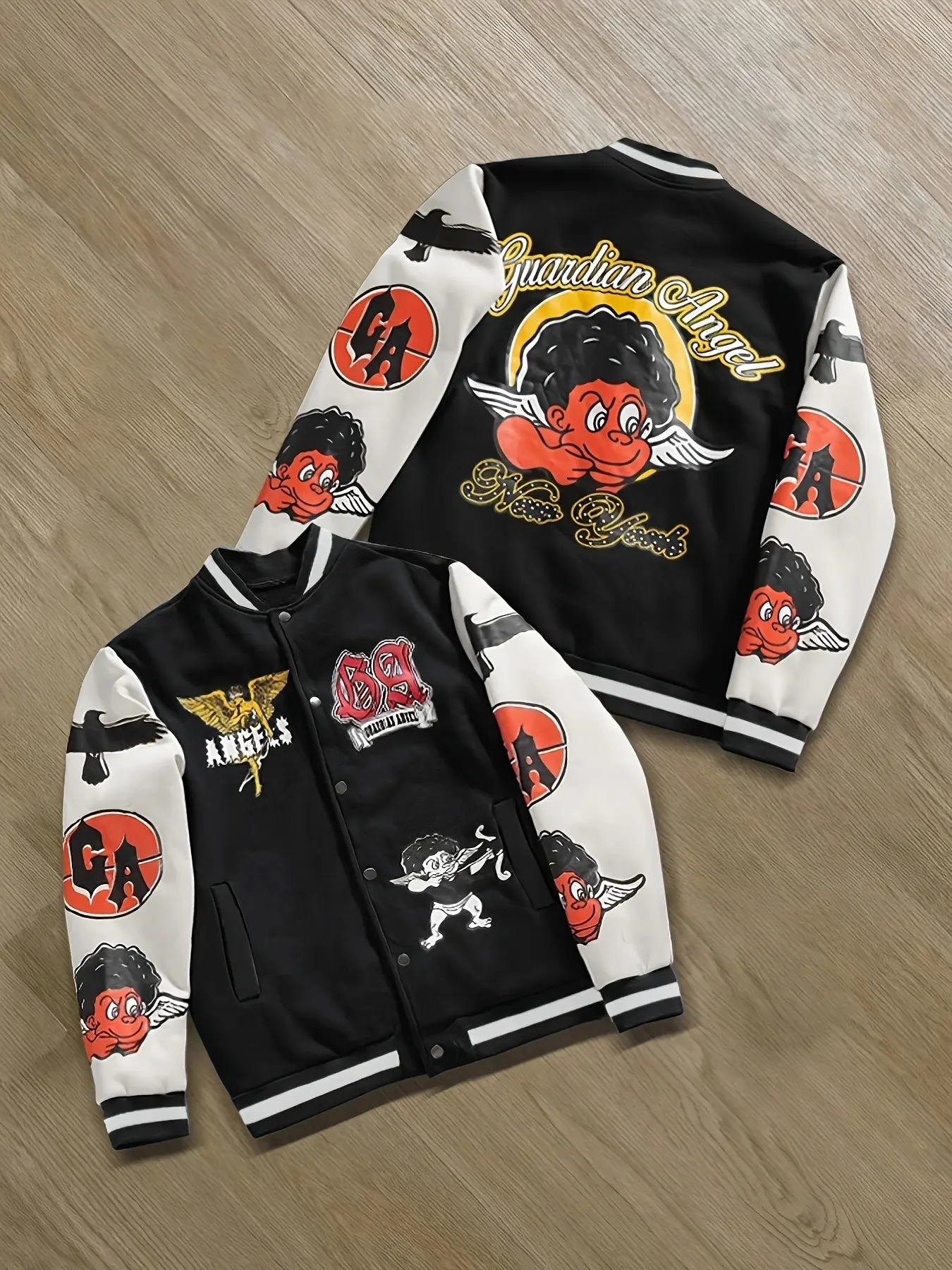 American Vintage Bomber Jacket, Angel Cartoon Elements, Graphic Print Sleeves, Loose-Fit Outerwear, Fall & Winter Casual Style