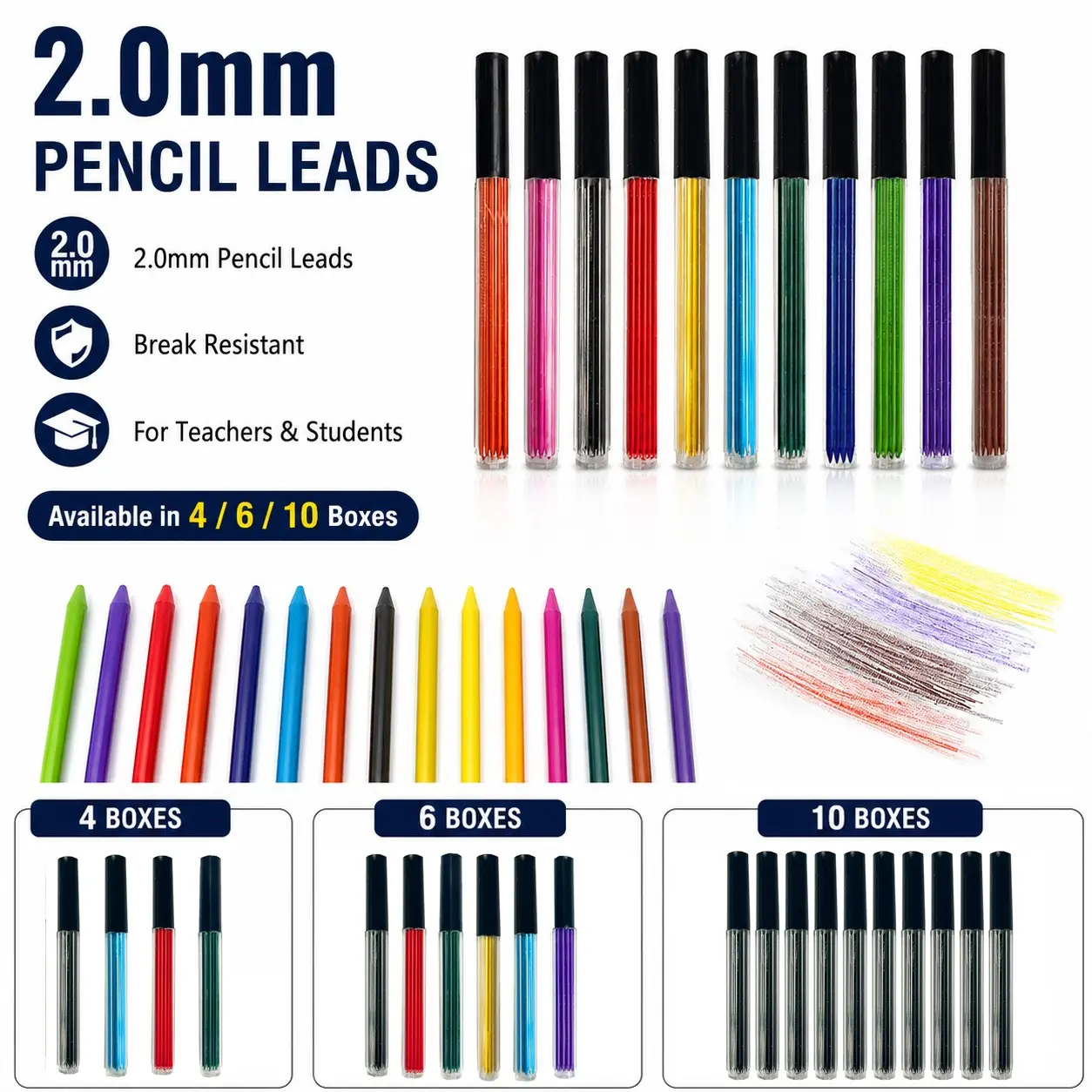 4/6/10 box 2.0mm mechanical automatic pencil lead set, colored artistic graphite HB lead, suitable for automatic pencil accessories for sketching, drawing, writing, and office stationery, back to school season, teacher gift, student, Classroom Supplies