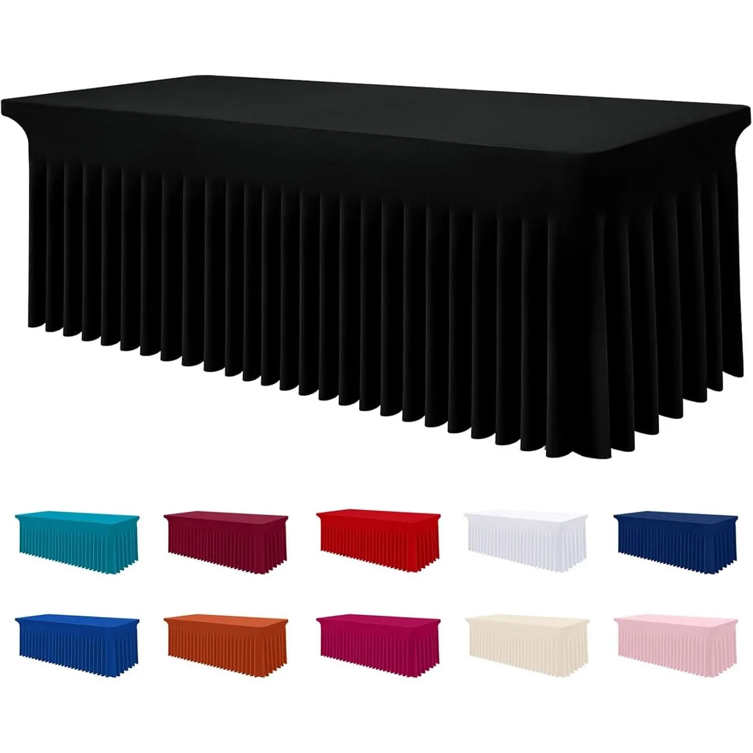 Spandex 1-Piece Pre-Fitted Skirted Edge Tablecloth, Elastic 72"x30"x30" Cover for 6FT Rectangle Tables, Waterproof Washable Decoration for Outdoor Weddings & Parties (Black)