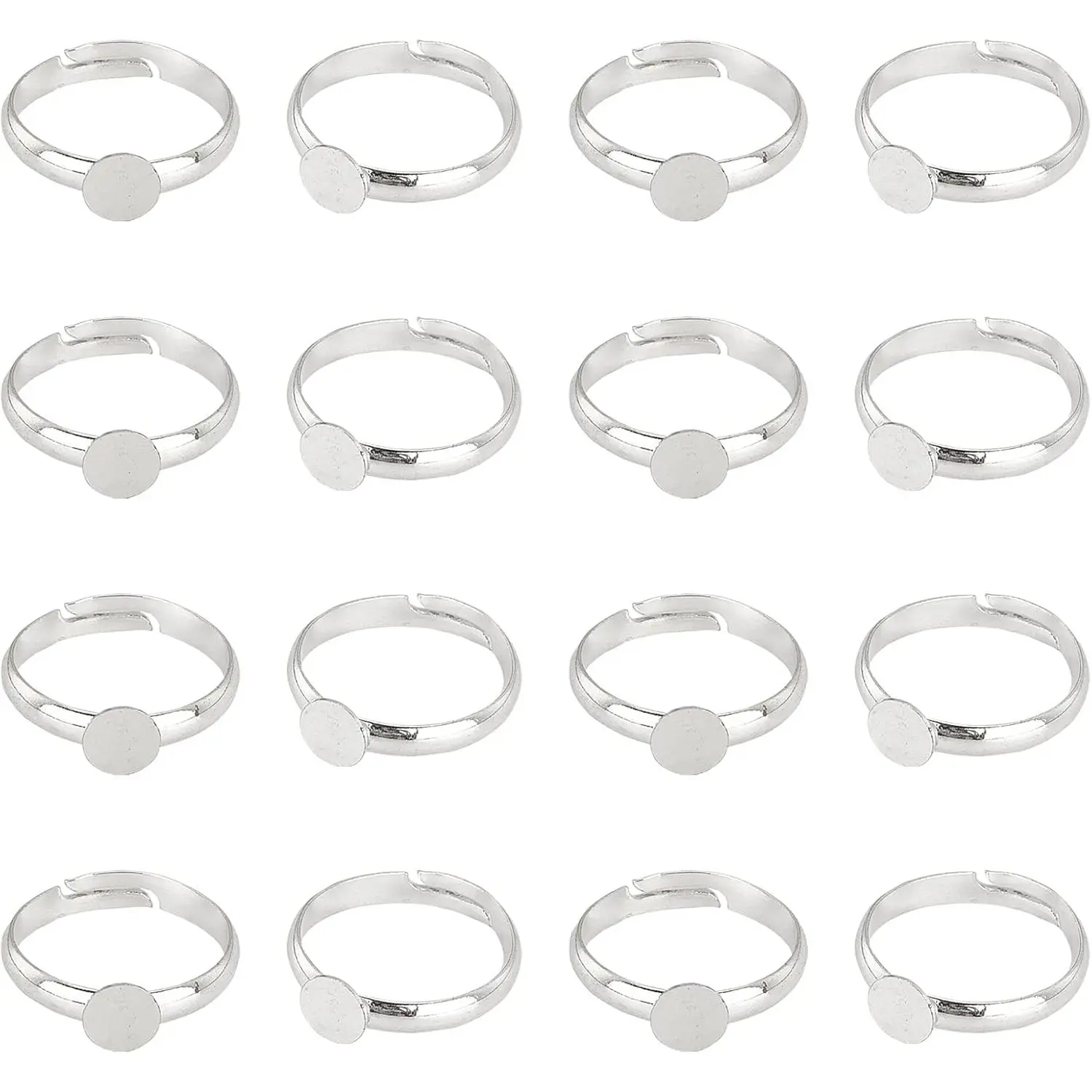 40pcs Adjustable Blank Rings, Silver Rings Brass Finger Ring Settings Components Base with 6mm Round Pad for DIY Jewelry Making Birthday Women Mother's Day