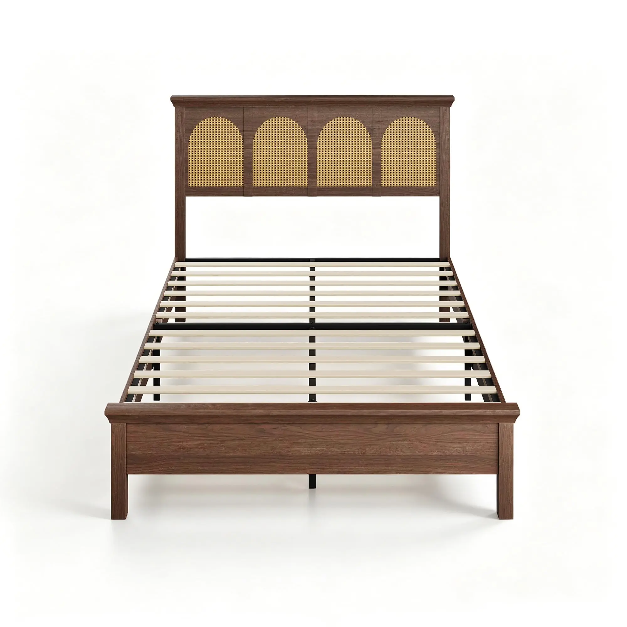 Boho Rattan Full/king Platform Bed Frame with Woven Wicker Headboard – Rustic Acacia Wood, Vintage Boho Bedroom Furniture