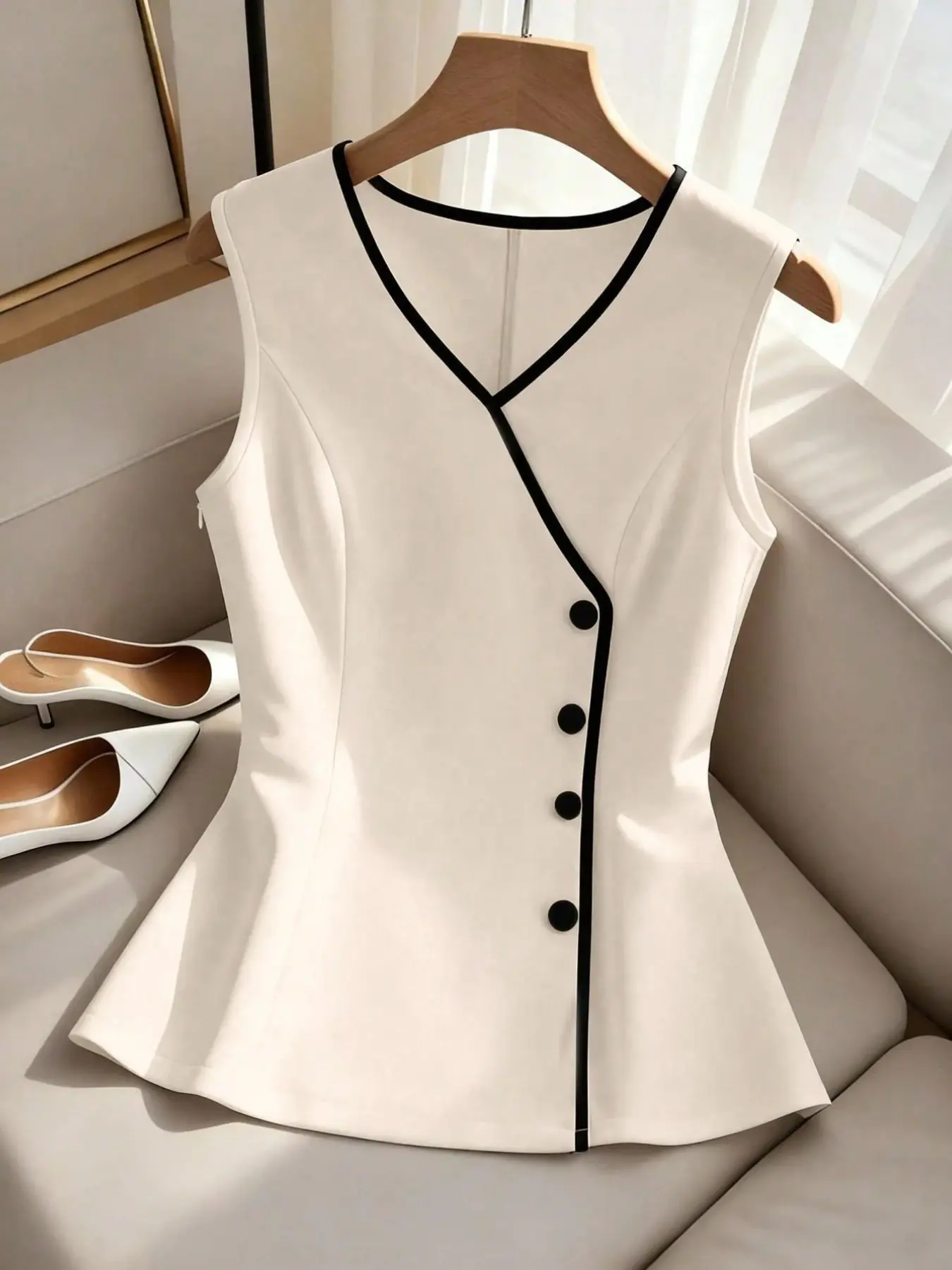 Women's Summer V-Neck Sleeveless Shirt, Contrast Border Single Button Waistcoat, Elegant Office Wear, Slim Fit, Versatile Blouse, Casual Top, Unique