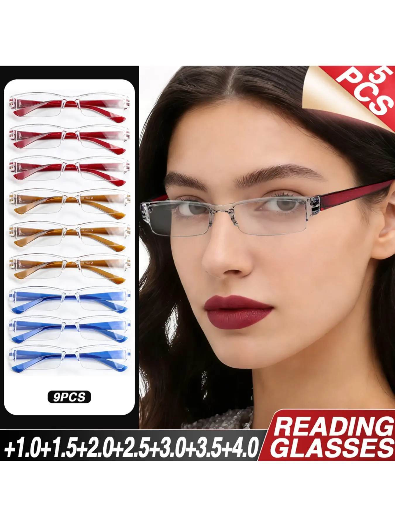 9 Pairs Frameless Rectangular Fashion Reading Glasses, Comfortable and Stylish, Unisex Presbyopia Eyeglasses, Versatile and Simple Design