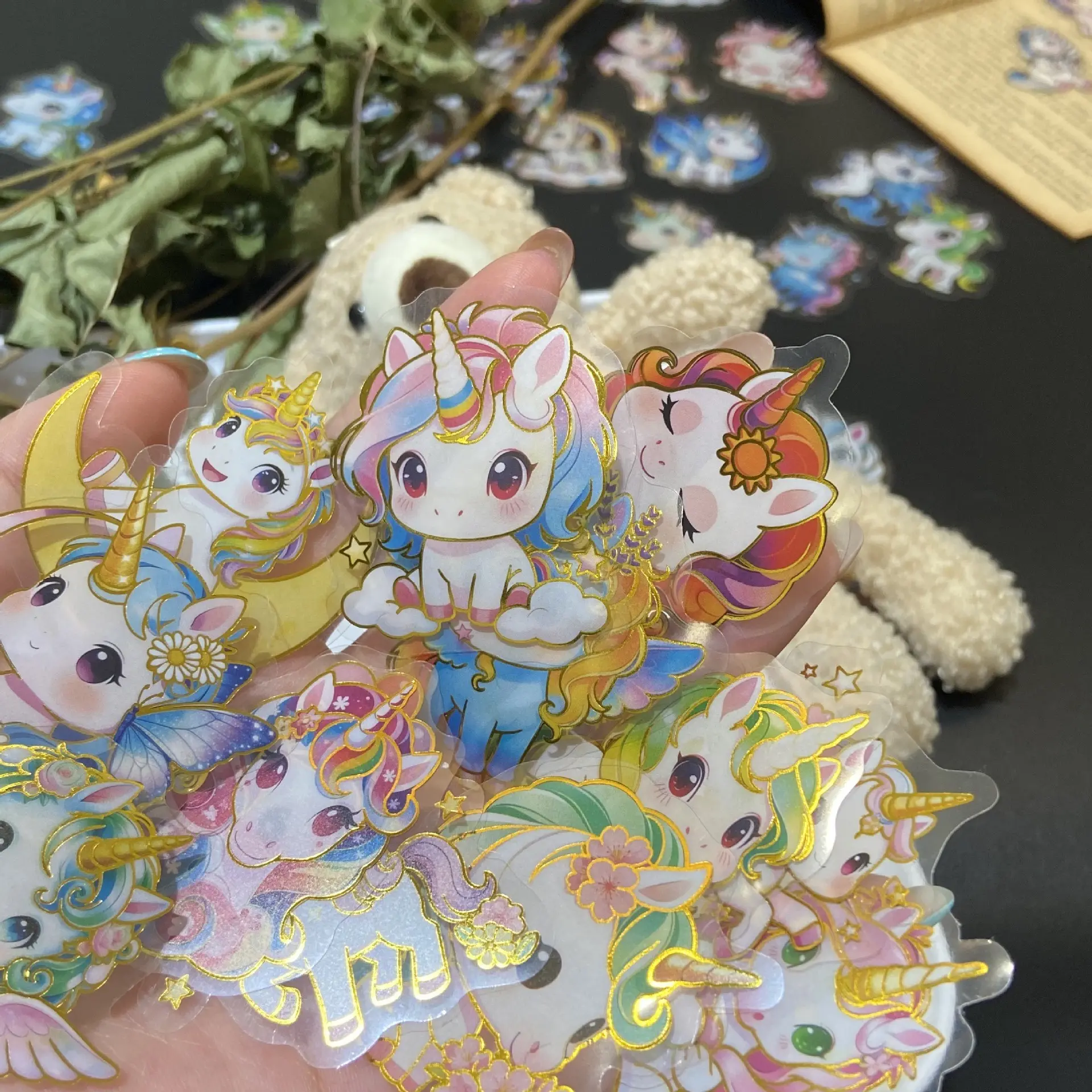 50 Cartoon Gold Foil Unicorn Diary Sticker Pack, Waterproof Transparent Pet, DIY Decorative Stickers for Journals, Guitars, Stickers for Scrapbooking