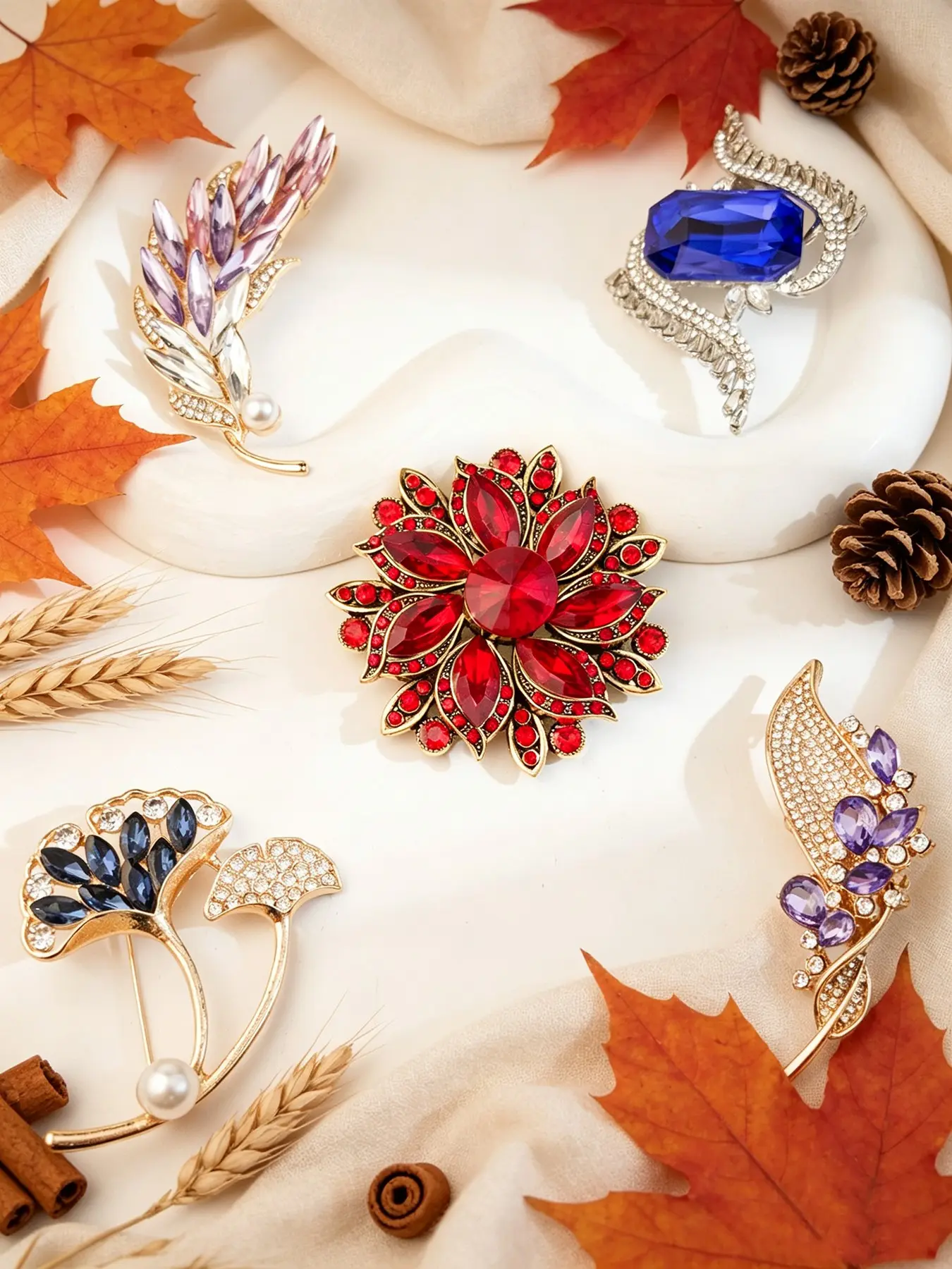 5pcs Multicolor Crystal Rhinestone Brooch Set, Elegant Vintage & Statement Style, Assorted Floral Ginkgo Leaf Feather Shaped Lapel Pins with Faux Pearls & Sparkling Gemstones, Decorative Brooches for Women, Ideal for Weddings, Parties, Business Suits & Da