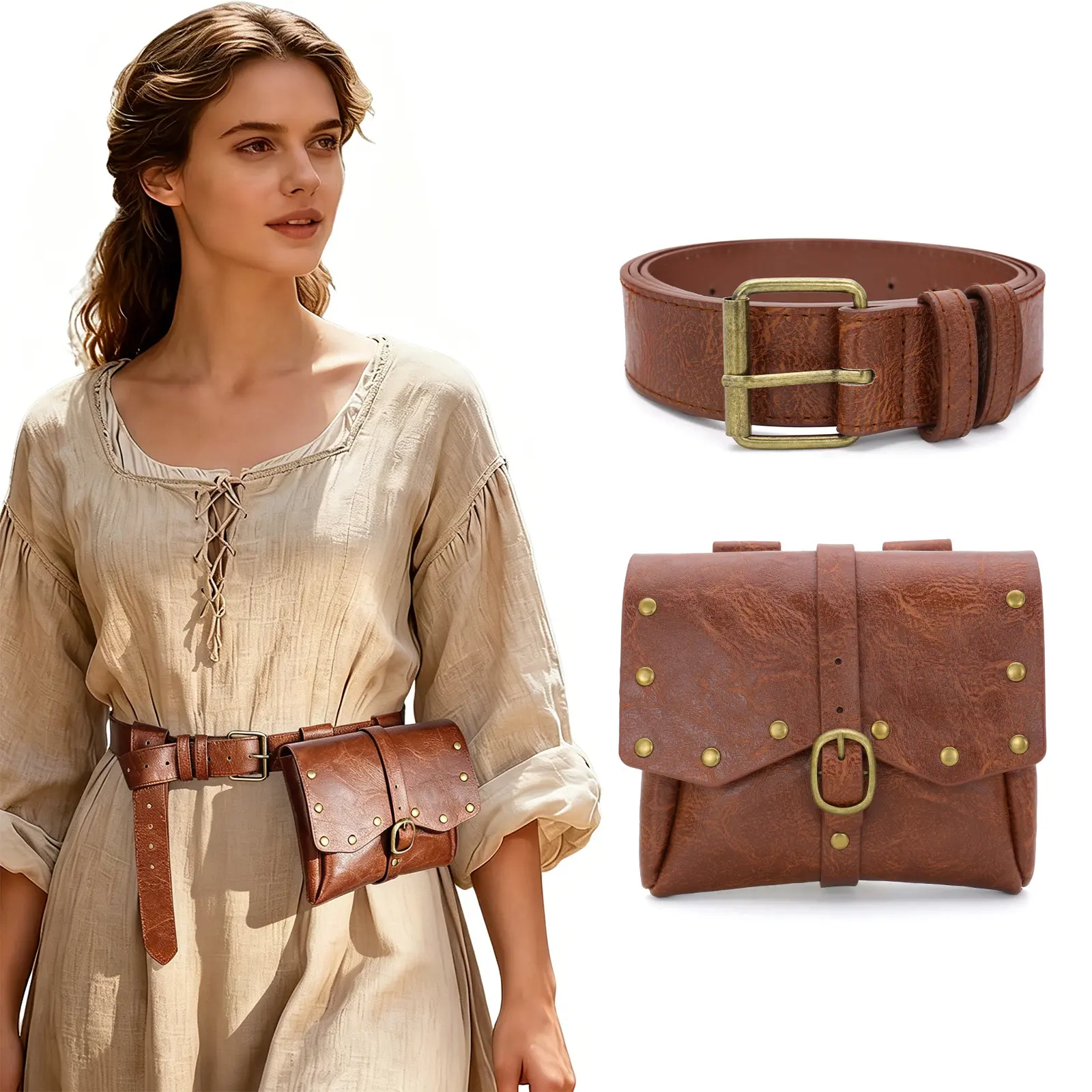 Medieval Renaissance Distressed Brown Leather Belt & Waist Pouch Set with Vintage Rivet-Studded Flap, Strap, Antique Brass Buckle for LARP Cosplay Halloween Costume (Sports & Outdoor Accessories for Men)