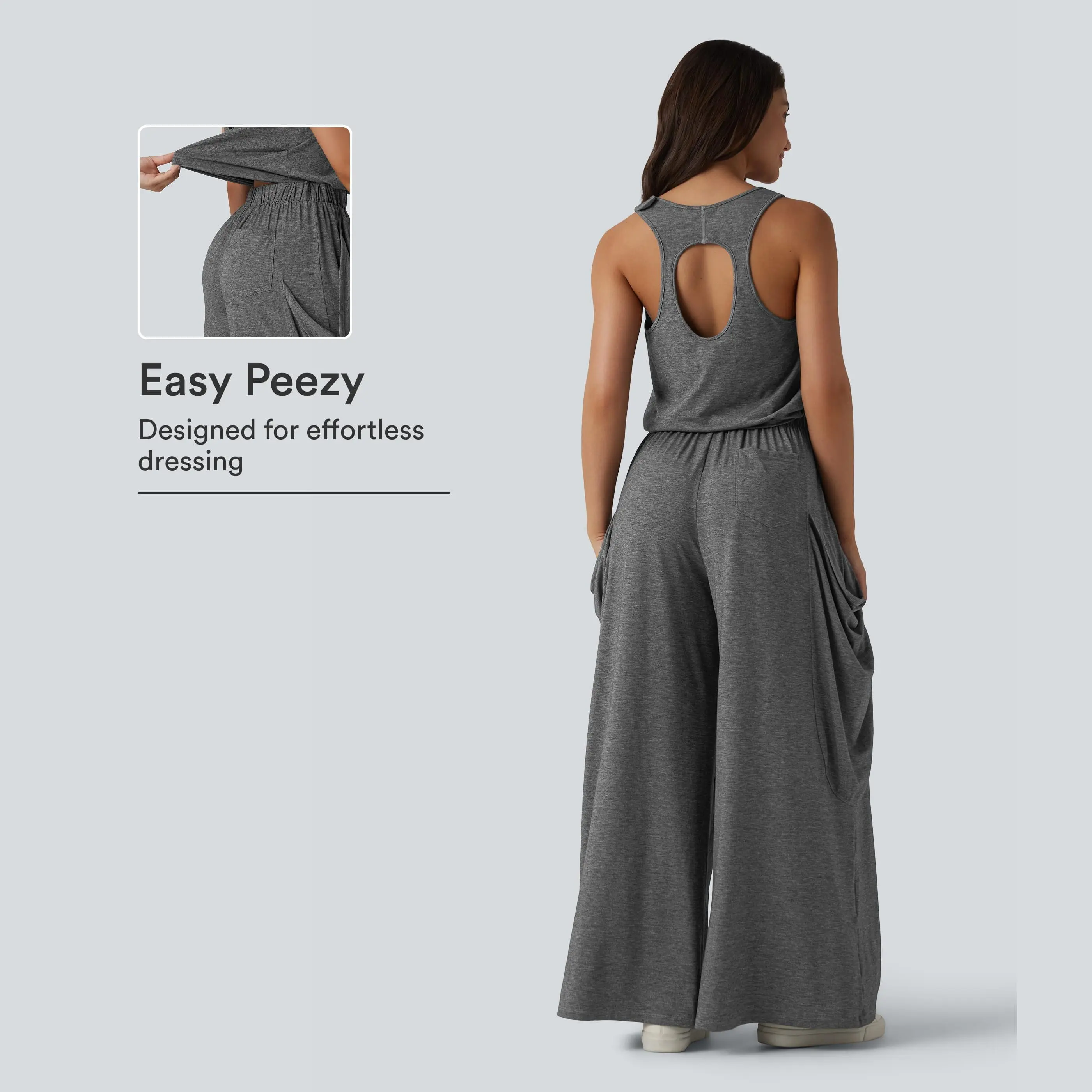 Halara Sleeveless Cut Out Wide Leg Casual Jumpsuit with Pockets-Easy Peezy Edition