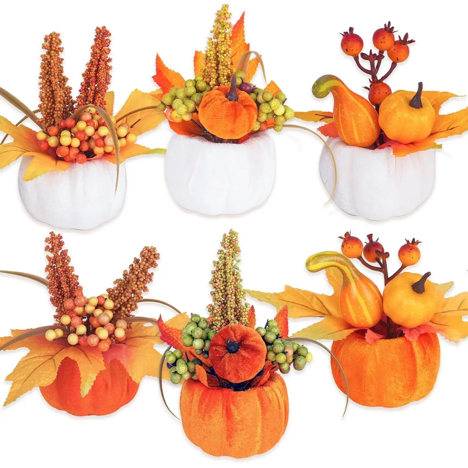 Velvet Fall Pumpkin Decor 6 Pcs, Artificial Fake Plastic Mini Pumpkins, Thanksgiving Halloween Home Table Indoor Decorations