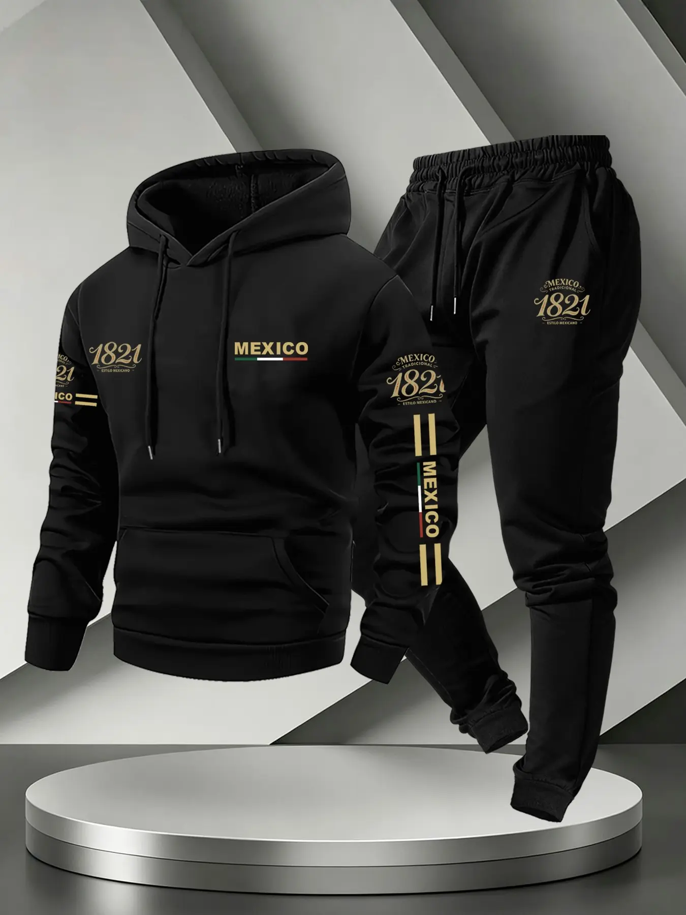Men's Fall Winter Mexico Theme Set, Hooded Sweatshirt + Jogger Pants, Comfortable Fabric, Casual Outdoor Wear, No Need for Additional