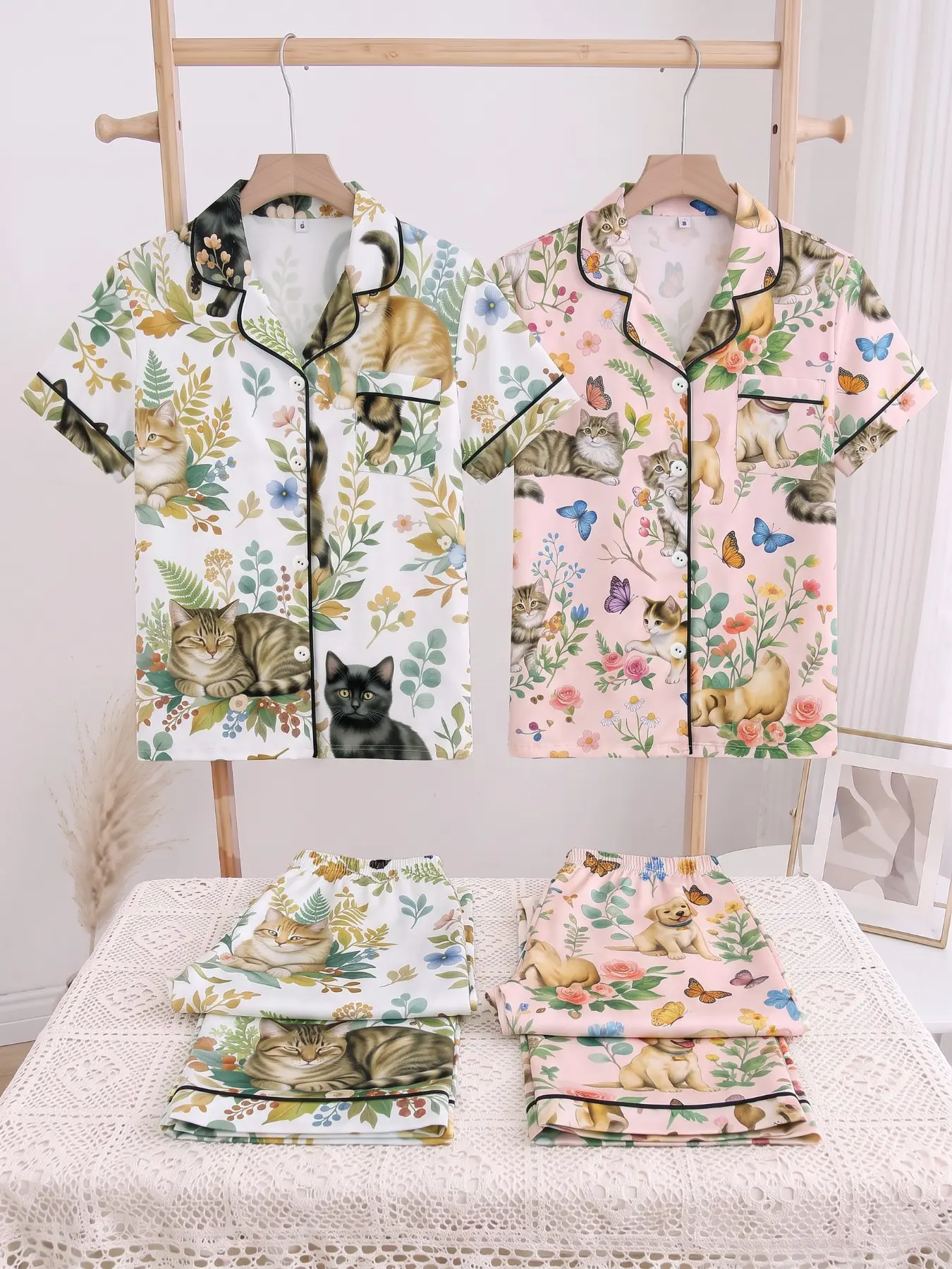 Women's Pajama Set, Short Sleeve Button Front Shirt and Pants, All over Print, Loose-Fit, Ankle Length, Casual Home Wear