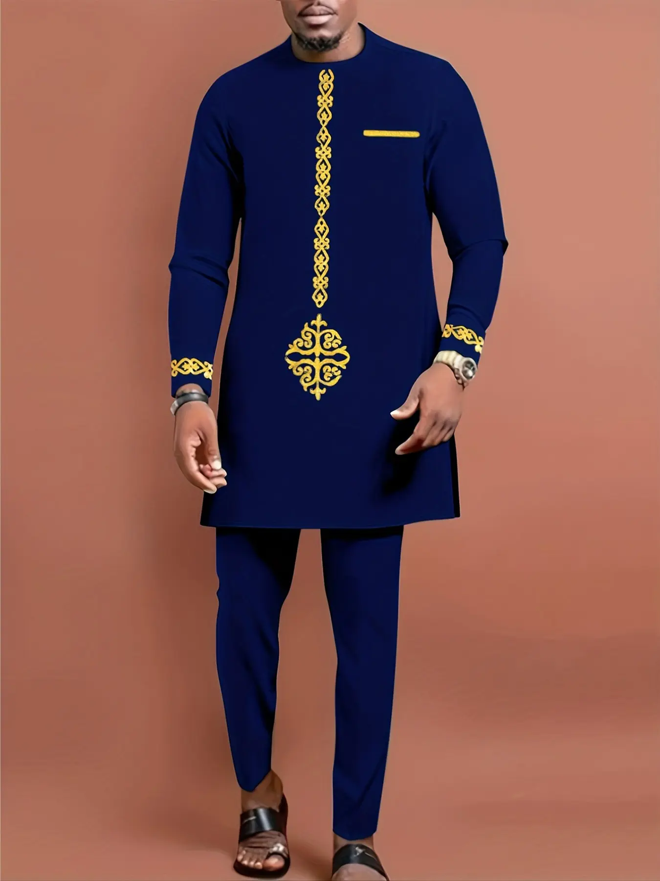 Men's Dashiki Set, Round Neck Long Sleeve Printed Top with Zipper Shoulders, Drawstring Pants, Casual Wear for All Seasons