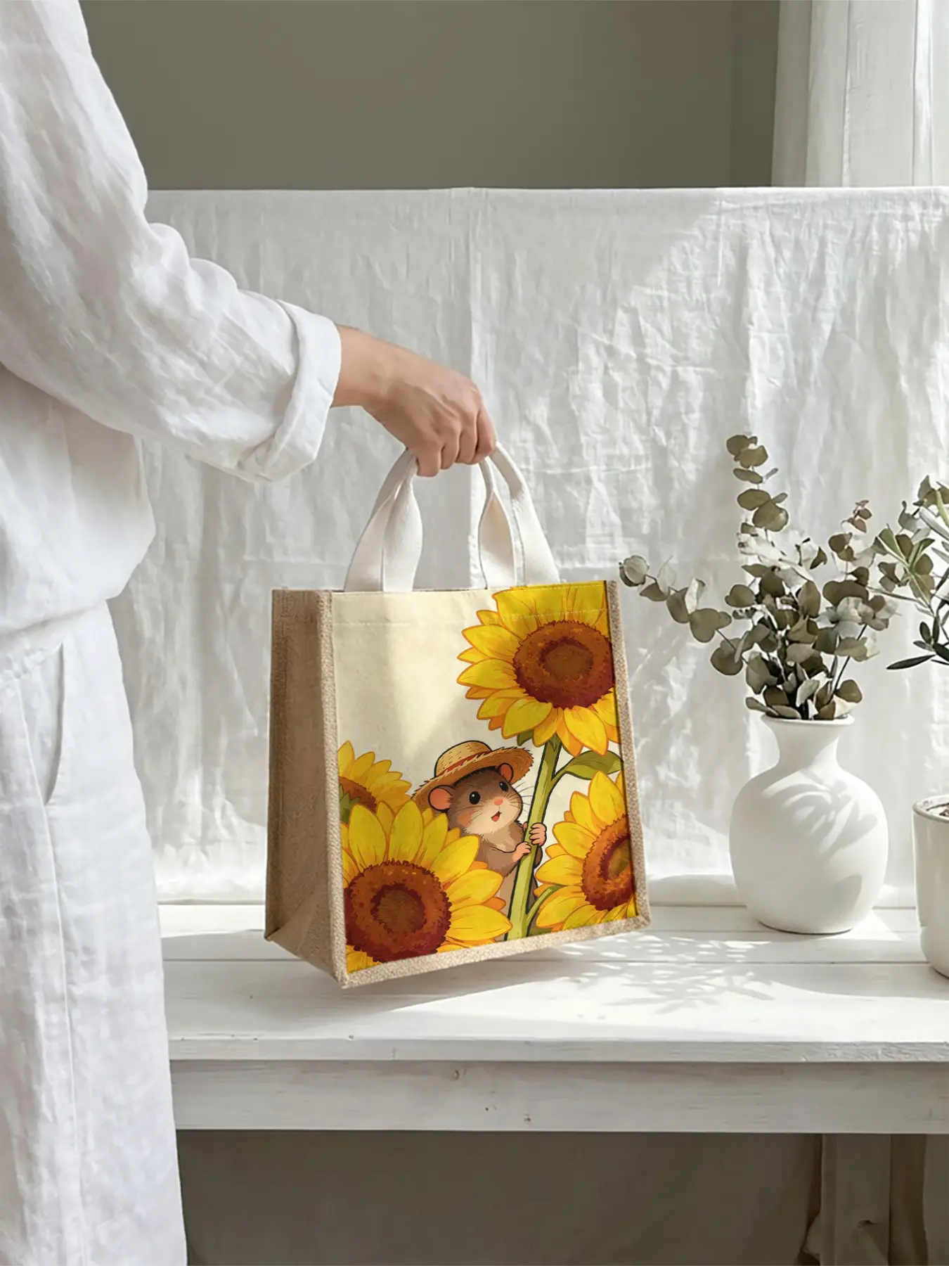Cute Mouse Sunflower Pattern Handbag, Portable Lunch Bag, Women's Casual Large Capacity Backpack, Food Delivery Bag, All Seasons