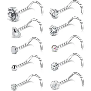 20G 10 count Stainless Steel Nose Screw Studs Rings CZ Nose Ring Labret Nose   for Men Women  Rose  Tone