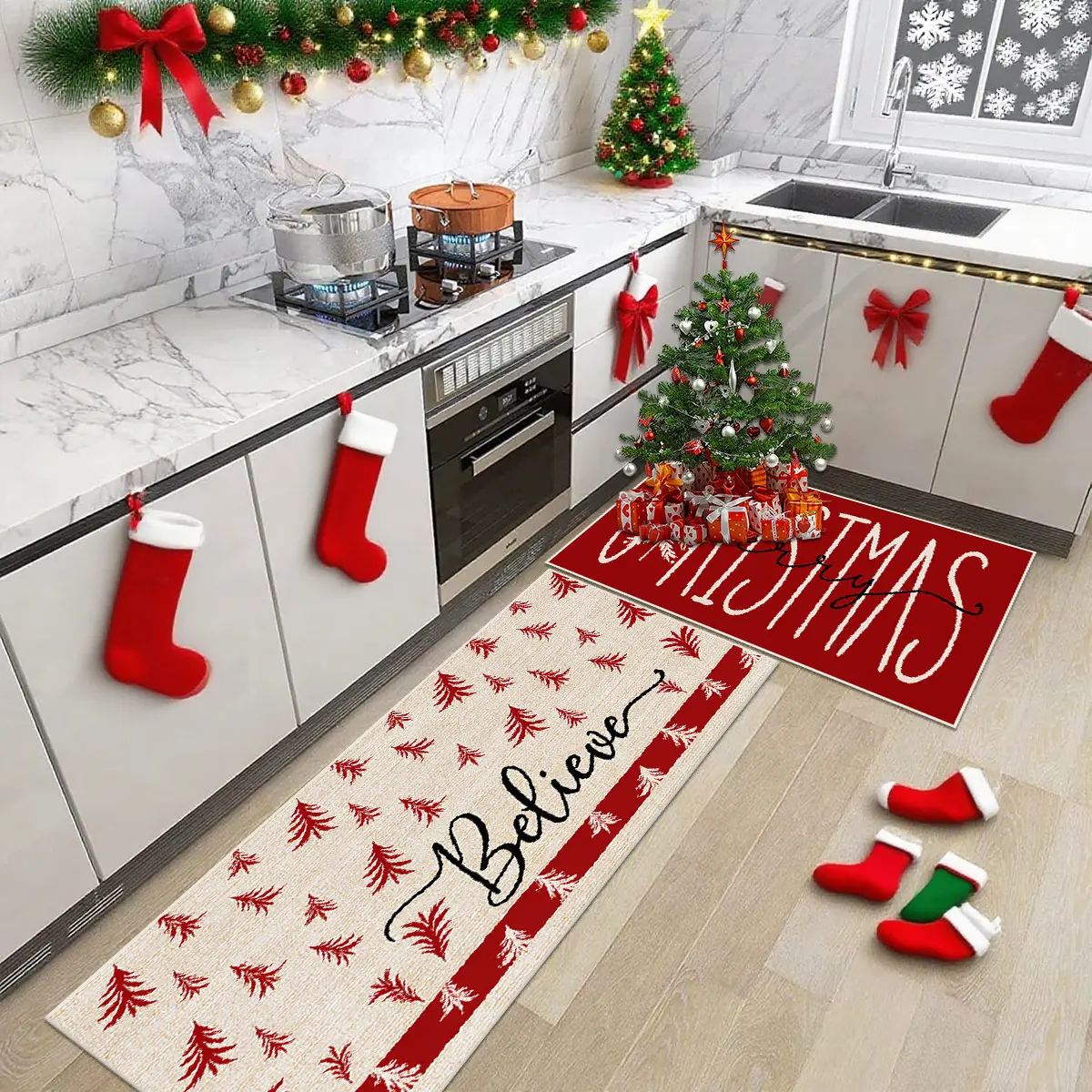 Christmas Kitchen Rug Set, Vintage Home Decor Mat, Perfect Christmas Gift, Pet Friendly Non-Slip Soft Plush Foot Pad