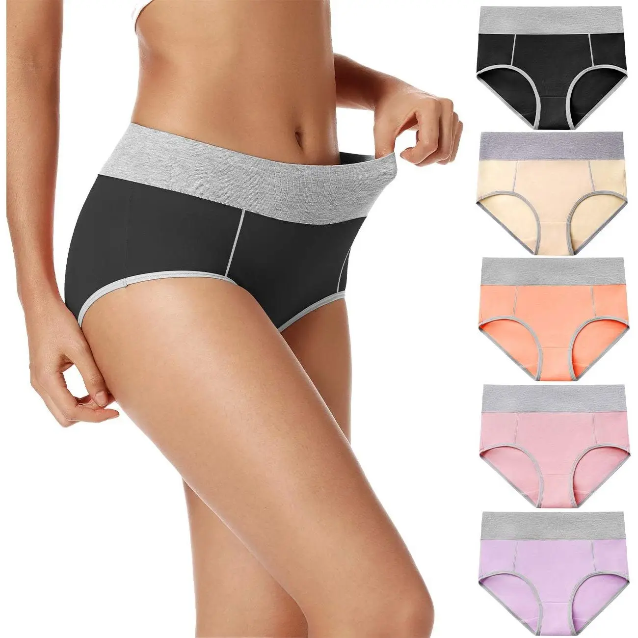 Women's Multi-Size Cotton High-Waist Full-Coverage Briefs, Soft Breathable Stretch Underpants for Postpartum Use, Multicolored-01-5Pack