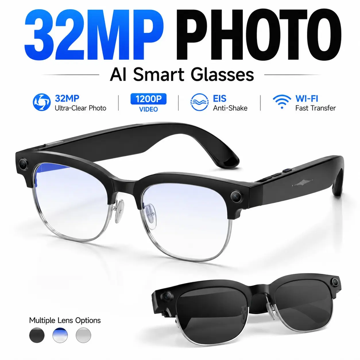 POV Vlog Glasses Ultra lightweight wearable smart eyewear with ultra clear capture & smooth steady footage, dual intelligent AI language translator for real-time conversation, open ear hi-fi crystal clear audio with dual mic noise reduction, all weather I