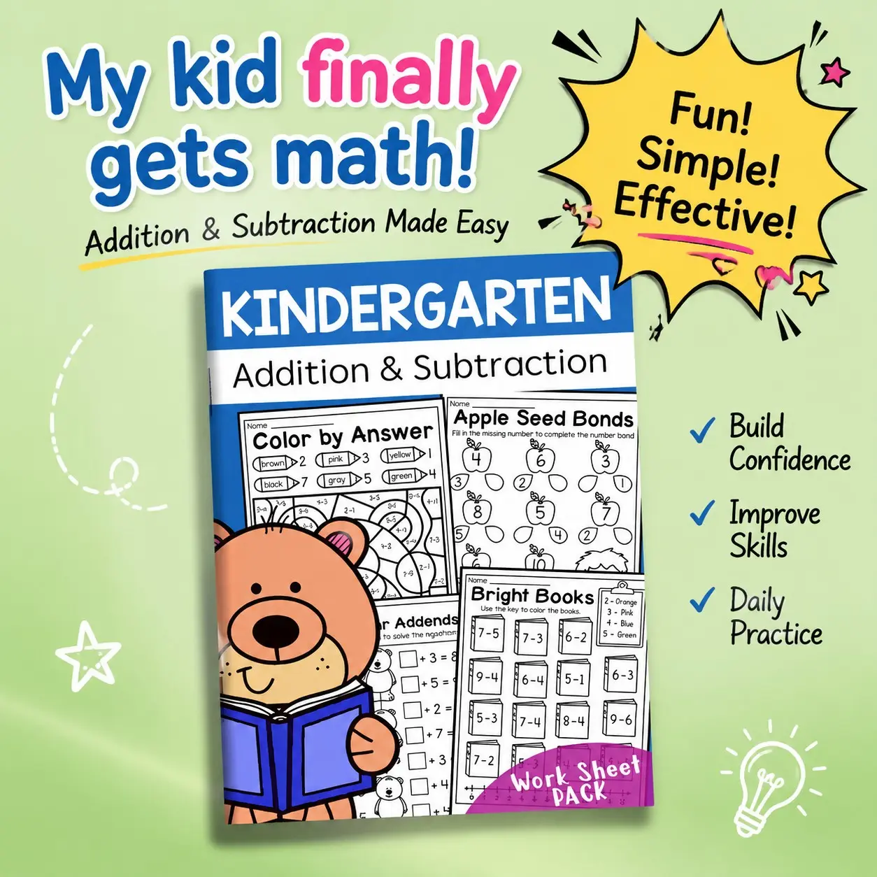 Math Workbook Addition and Subtraction Practice Book for Kids, Kindergarten Homeschool Math Practice Daily Learning Worksheets for Home Learning Early Education Step-by-Step Skill Building