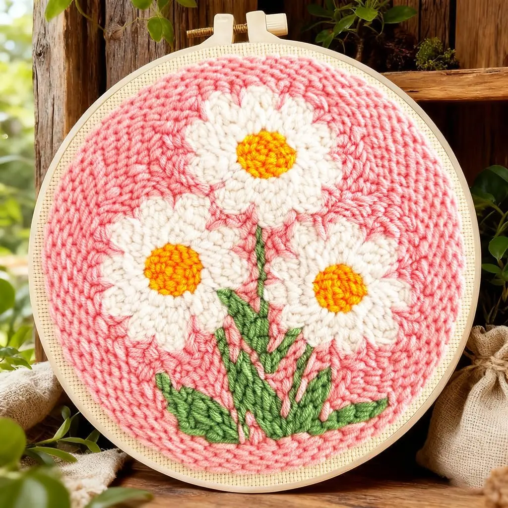 Flower Punch  Kits,Daisy Punch  Kits for Beginners,DIY Punch Embroidery Art & Craft kit for Adults with Video Tutorial