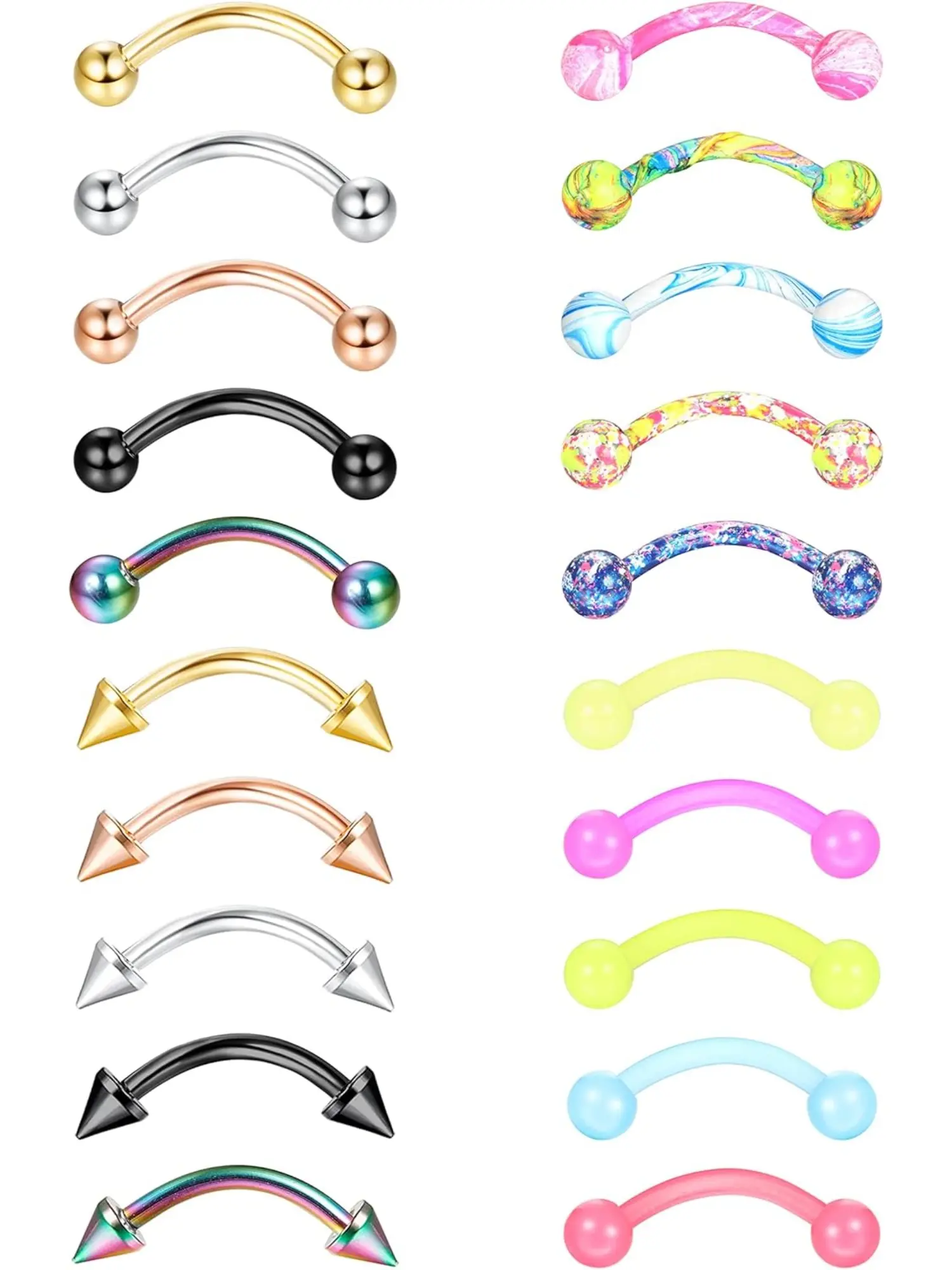 20Pcs 16G Eyebrow Rings Lip Ring Barbell Curved Ring Tragus Daith Rook Earring Acrylic Body Piercing Jewelry for Women Men