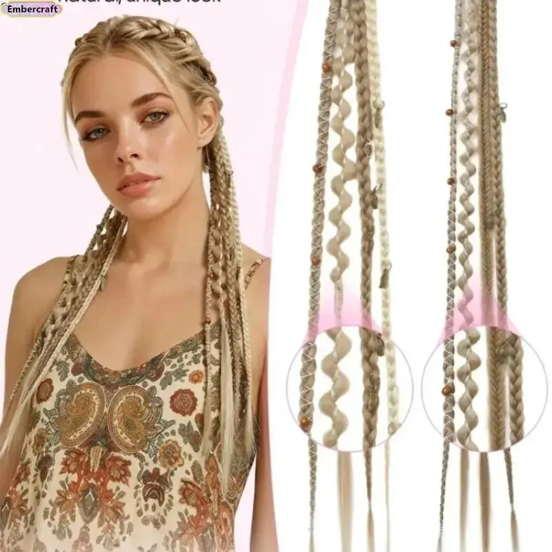 Viral Boho Clip-In Braid Hair Extensions for Women, 2PCS 20" Handmade Dreadlock Hair Pieces with Beads & Charms, Soft Synthetic Braided Hair Accessory for Festival, Concert, Vacation, Party Looks